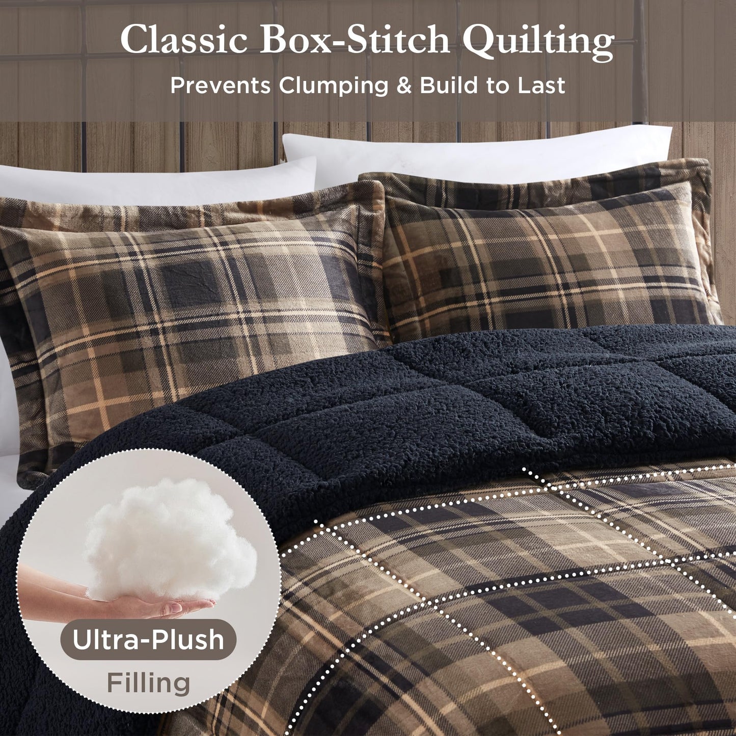 Woolrich Reversible Comforter Set Ultra Soft Plush to Sherpa, Down Alternative, Cold Weather Winter Warm Bedding, with Matching Sham, Decorative Pillow Brown/Black Full/Queen 4 Piece