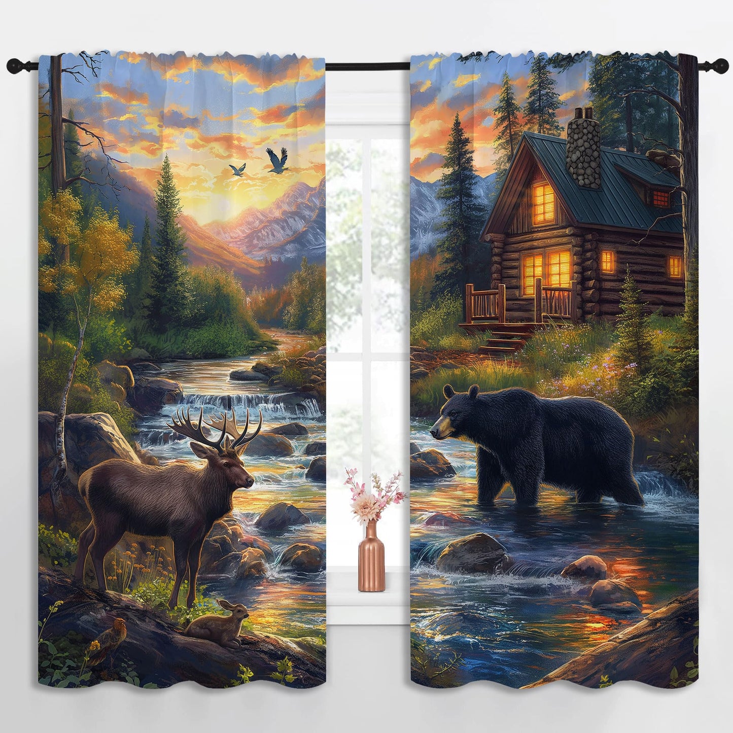 PYMATYTN Wild Animal Blackout Curtains for Boys Girl Bedroom Decor,Black Bear Deer Nature Forest Cabin Thermal Insulated Rod Pocket Drapes Darkening Window Curtain for Living Room Home 55x63 inch