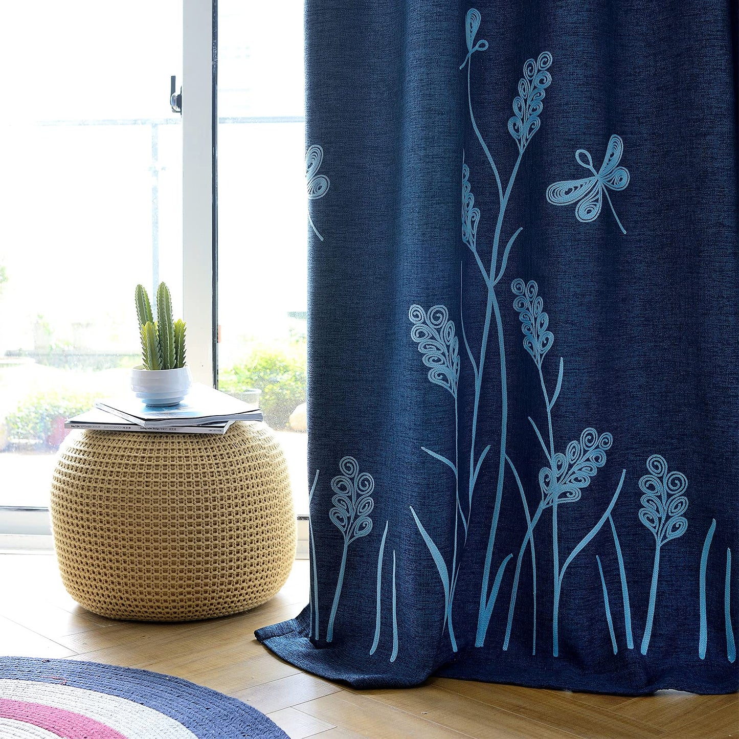 Melodieux Wheat Embroidery Linen Textured Curtain for Living Room Bedroom, Rustic Farmhouse Style Flax Drape Grommet, Blue Wheat/Navy, 52 by 84 Inch (1 Panel)