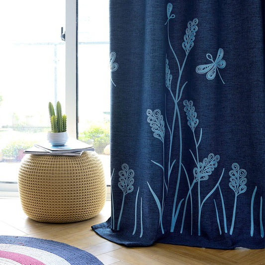 Melodieux Wheat Embroidery Linen Textured Curtain for Living Room Bedroom, Rustic Farmhouse Style Flax Drape Grommet, Blue Wheat/Navy, 52 by 84 Inch (1 Panel)