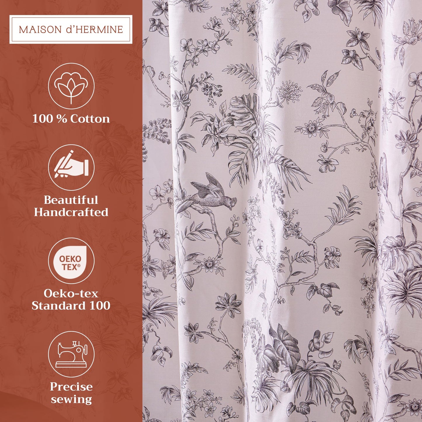 Maison d' Hermine Shower Curtain 100% Cotton One Panel 70"x72" Washable Fabric Shower Curtains for Bathroom, Easy Hanging with 12 Button Holes - Home Hotel Resort Spring Summer - Jouy Paradise - Grey