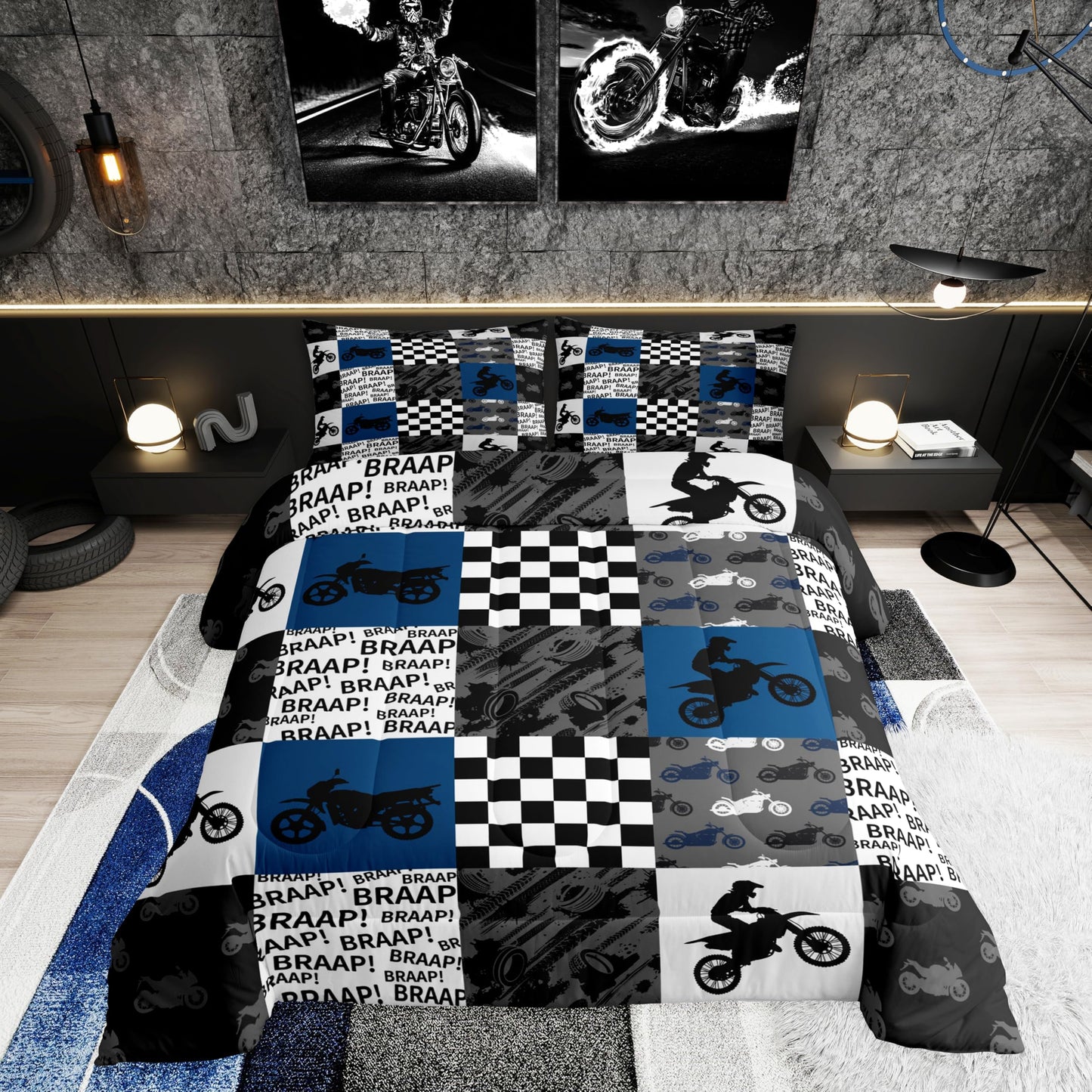 Castle Fairy,Dirt Bike Comforter Set Twin Size Black Grey Blue Motocross Rider Bedding Set Kids Boys Teens Men Racing Themed Patchwork Grid Quilt Set Fashion Motorcycle Silhouette Duvet Insert 2pcs