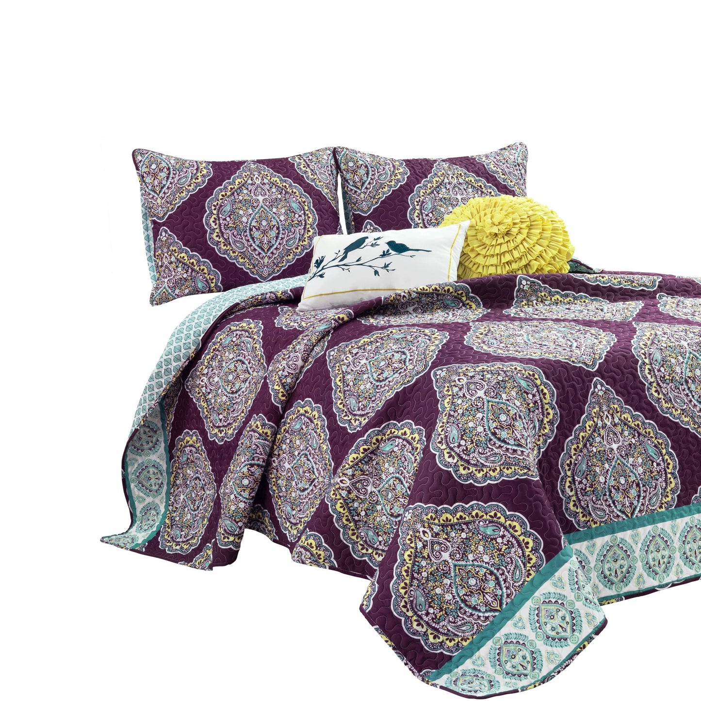 Lush Decor Harley Reversible King Queen Size 5 Piece Set Purple & Turquoise - Boho Bedding Set King Quilt - Purple Quilts - Boho Bedroom Decor
