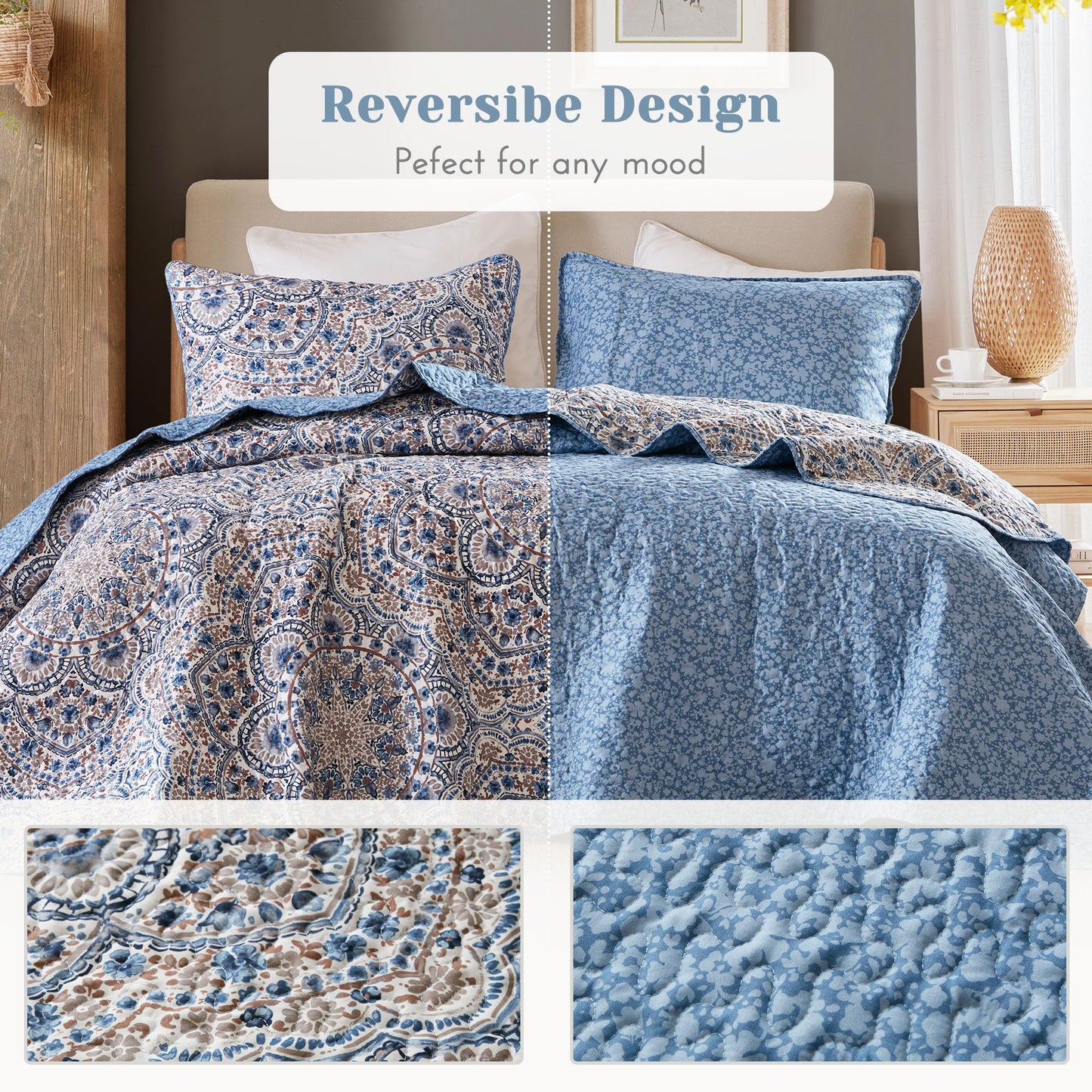 Comfort Spaces Valerie Boho Quilt Set Twin/Twin XL Blue - Soft Reversible Watercolor Medallion Bedding, Lightweight All Season Bedspread for Kids Teens Dorm Guest Room