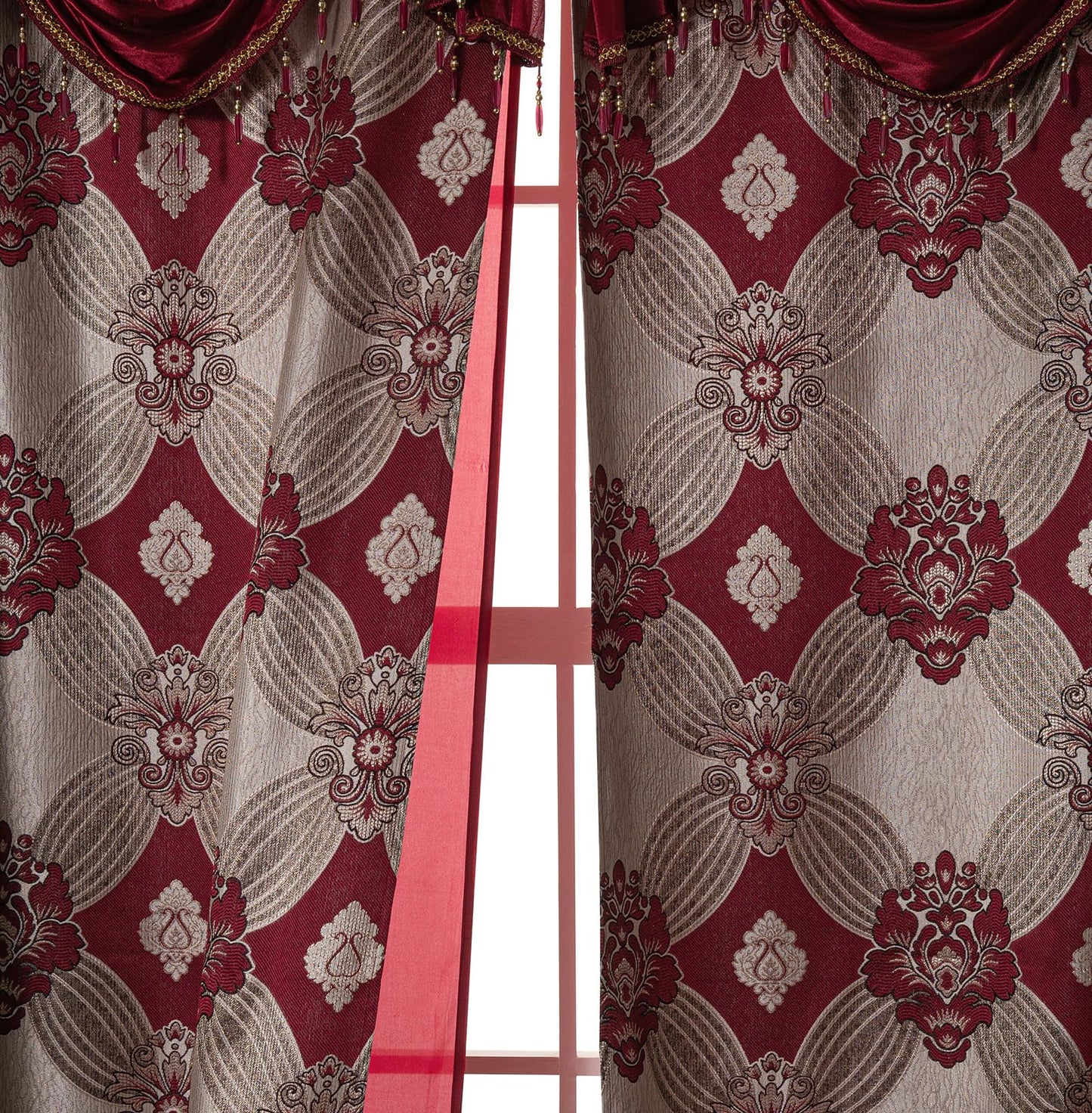 Petrichor Elegant Curtains with Gold Silver Threads 2 Panels Set - Luxury Window Treatment Attached Valance, Sheer Backing, and 2 Tie Backs for Bedroom and Living Room, 54x84 inches, Burgundy
