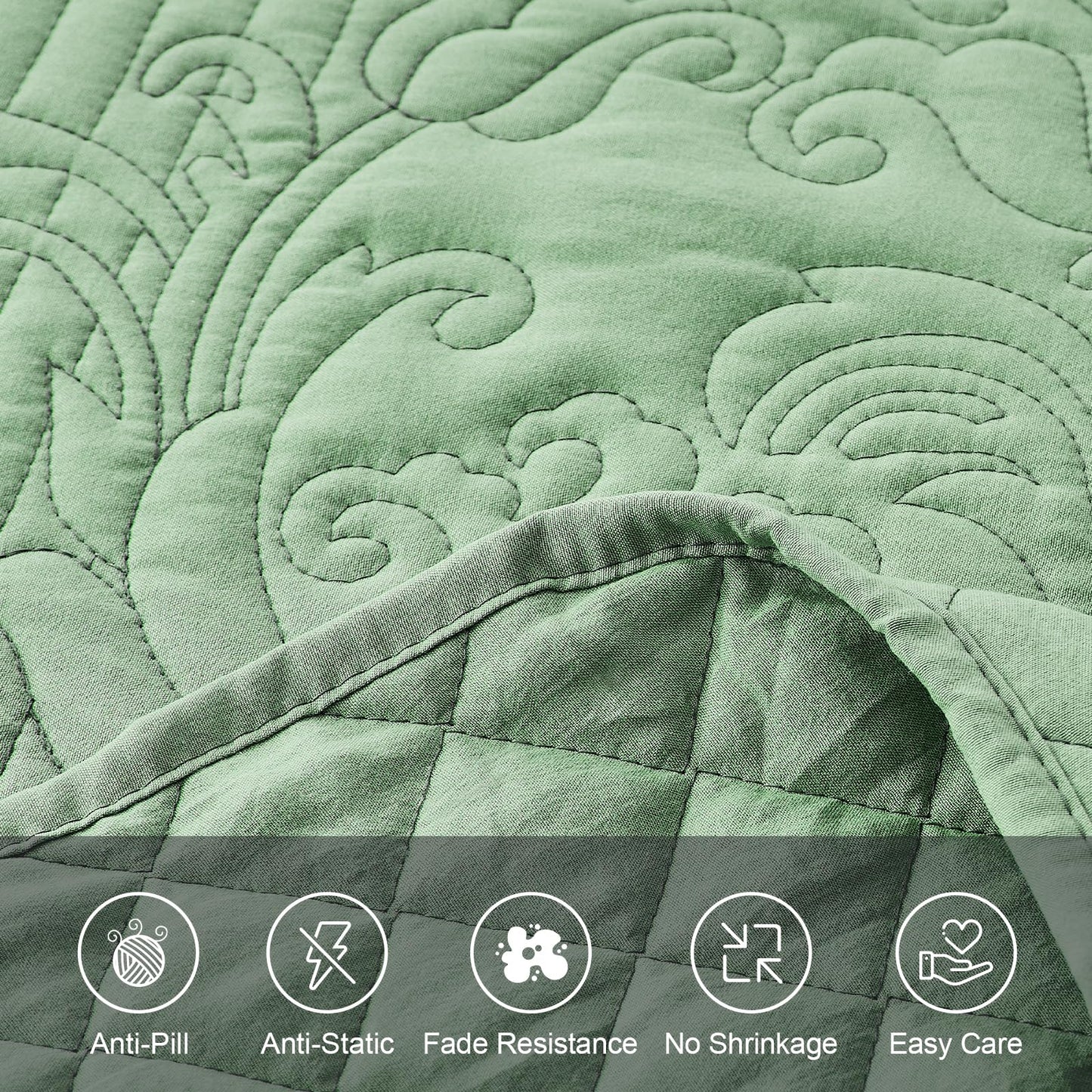 DaisyHuang Botanical Quilt Set King Size -Leaves Pattern Stitching Quilt Set - Elegant & Fresh Style Bedspread Coverlets, Ultra Soft, Reversible, Lightweight, 4 Piece with Floor Mat, Olive Green
