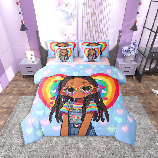 Erosebridal Cute Black Girl Twin Size Bedding Set Colorful Rainbow 7 Pieces Comforter Set with Sheets for Teens Women Kawaii Love Heart Bed in a Bag Cartoon Pastel Bed Sets
