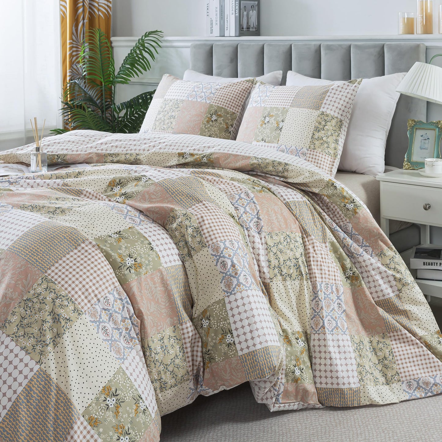 HoneiLife Duvet Dover King Size - 100% Cotton Comforter Cover, Patchwork Bedlinen Set with Zipper Closure & Corner Ties, 3-PC Rustic Comforter Cover Sets