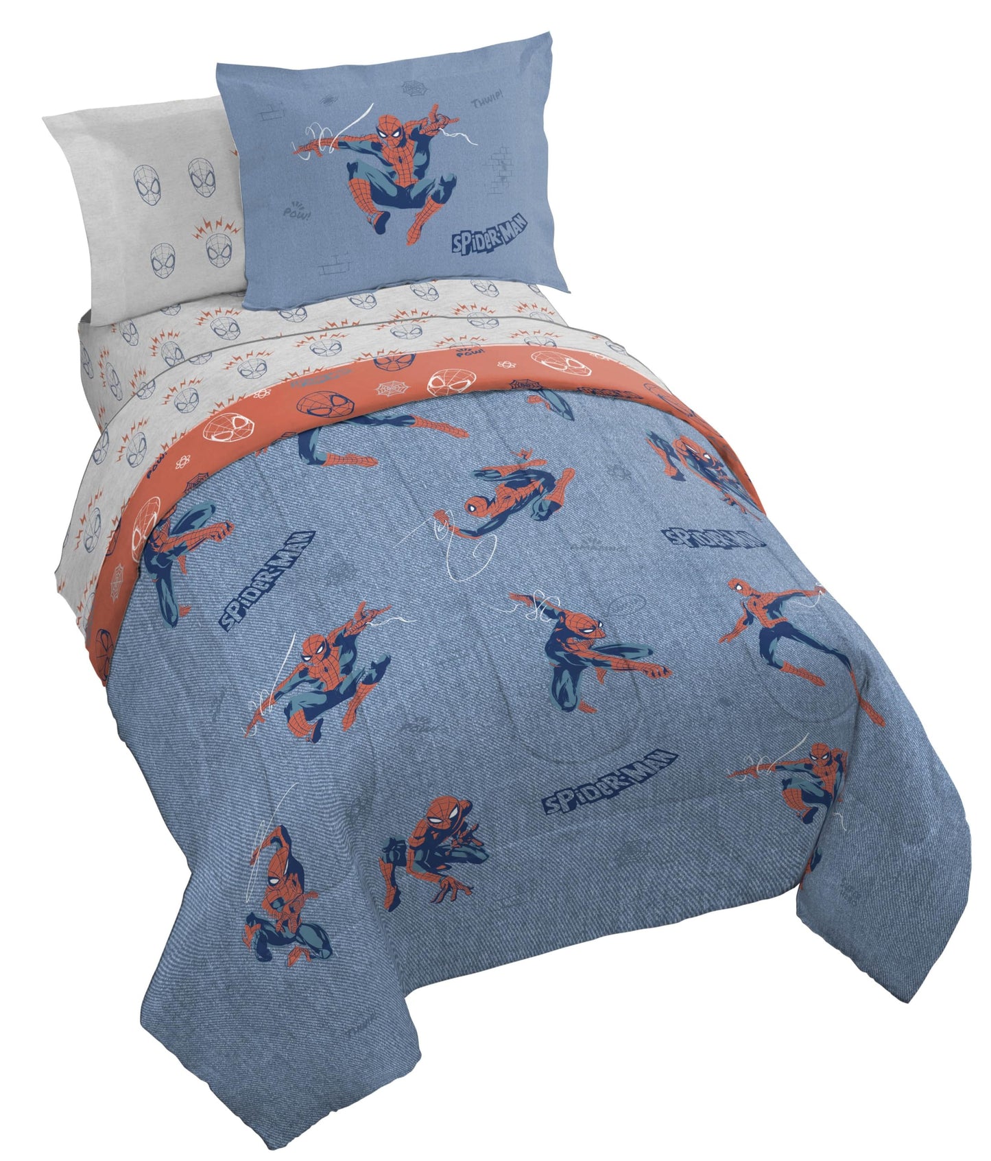Jay Franco Kids Comforter Set Includes Sheets and Pillow Covers - Soft and Cozy Bed Set for Stylish Room Decor, Official Licensed Bedding, Blue - Spiderman, 5 Piece Twin