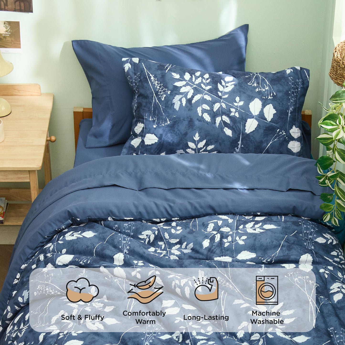 Bedsure Navy Twin XL Comforter Set - 5 Pieces Floral Bedding Sets Twin XL Bed in a Bag with Reversible Botanical Flowers Comforter, Sheets, Pillowcase & Sham