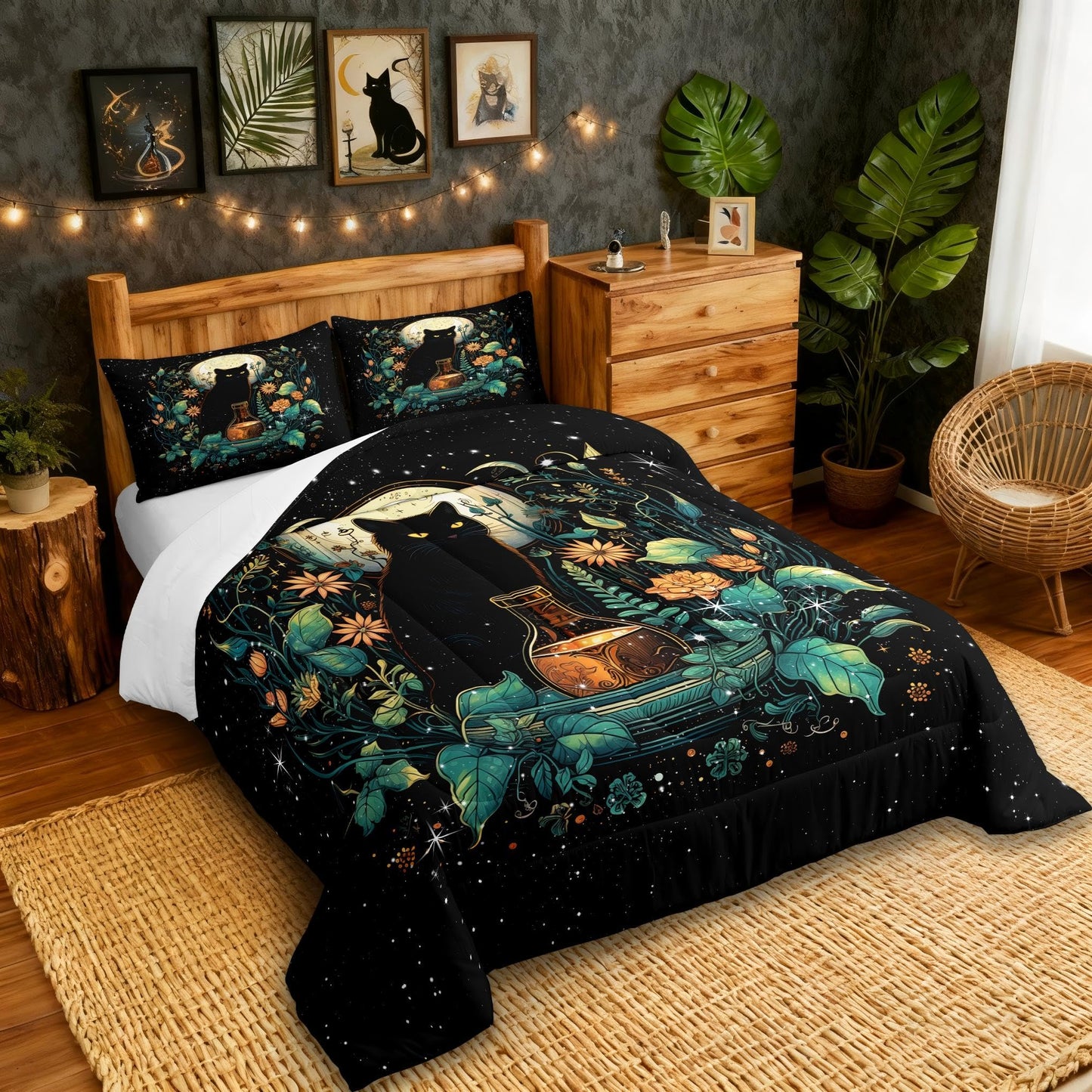 Cute Cat Comforter Set Full Size,Flower Leaves Kids Bedding Set Moon Night Starry Sky Quilt Set for Girls Boys Teens Room Decor,Trippy Pet Animals Plant Duvet Insert,2 Pillowcases,Black