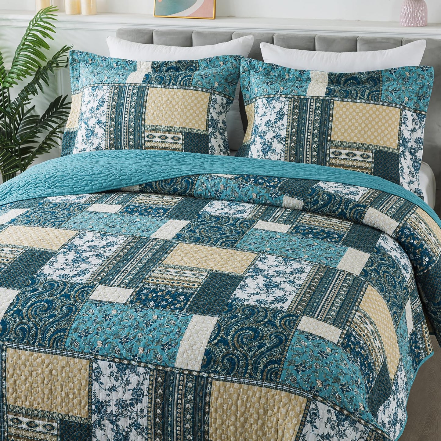 BEDIFANY Cotton Queen Size Quilt Sets, Lightweight Bedspread Queen Size Coverlet Boho Queen Quilt, Soft Farmhouse Queen Quilt Bedding Sets for Bed Decorations for All Seasons (3 Pieces, Blue)