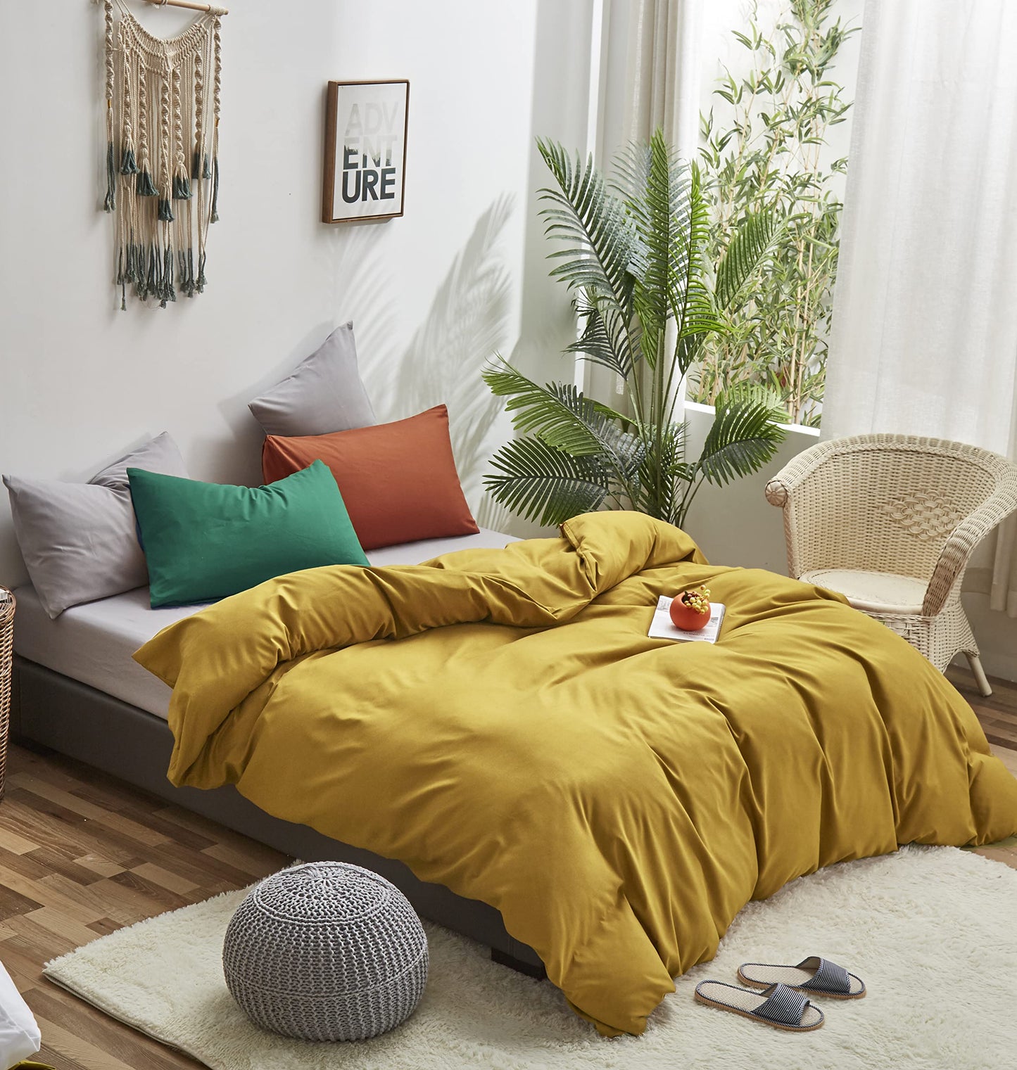 Luxlovery Mustard Yellow Comforter Set Queen Modern Bright Yellow Bedding Comforter Set Full Soft Cozy Breathable Quilts 1 Yellow Comforter+1 Green 1 Caramel Pillowcase for Adults Kids