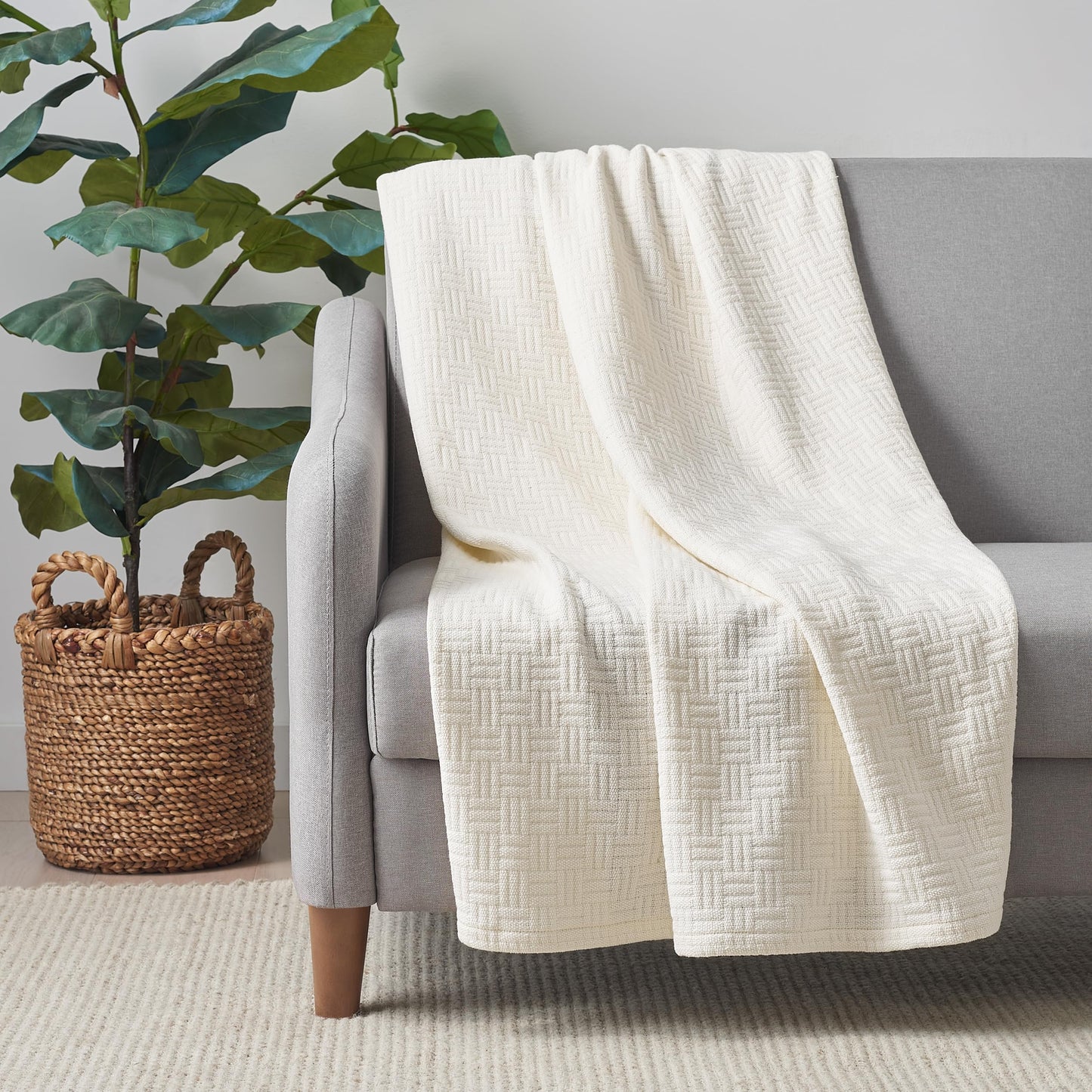 Arkwright Basket Weave Throw Blanket - 100% Ringspun Cotton All Season Throws, Luxury Hotel Quality, Soft on Skin, Breathable, 300 GSM for Bed, Sofa, and Chair, 50 X 70 in, Ivory