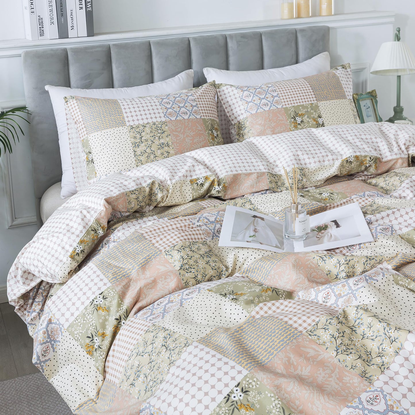 HoneiLife Duvet Dover King Size - 100% Cotton Comforter Cover, Patchwork Bedlinen Set with Zipper Closure & Corner Ties, 3-PC Rustic Comforter Cover Sets