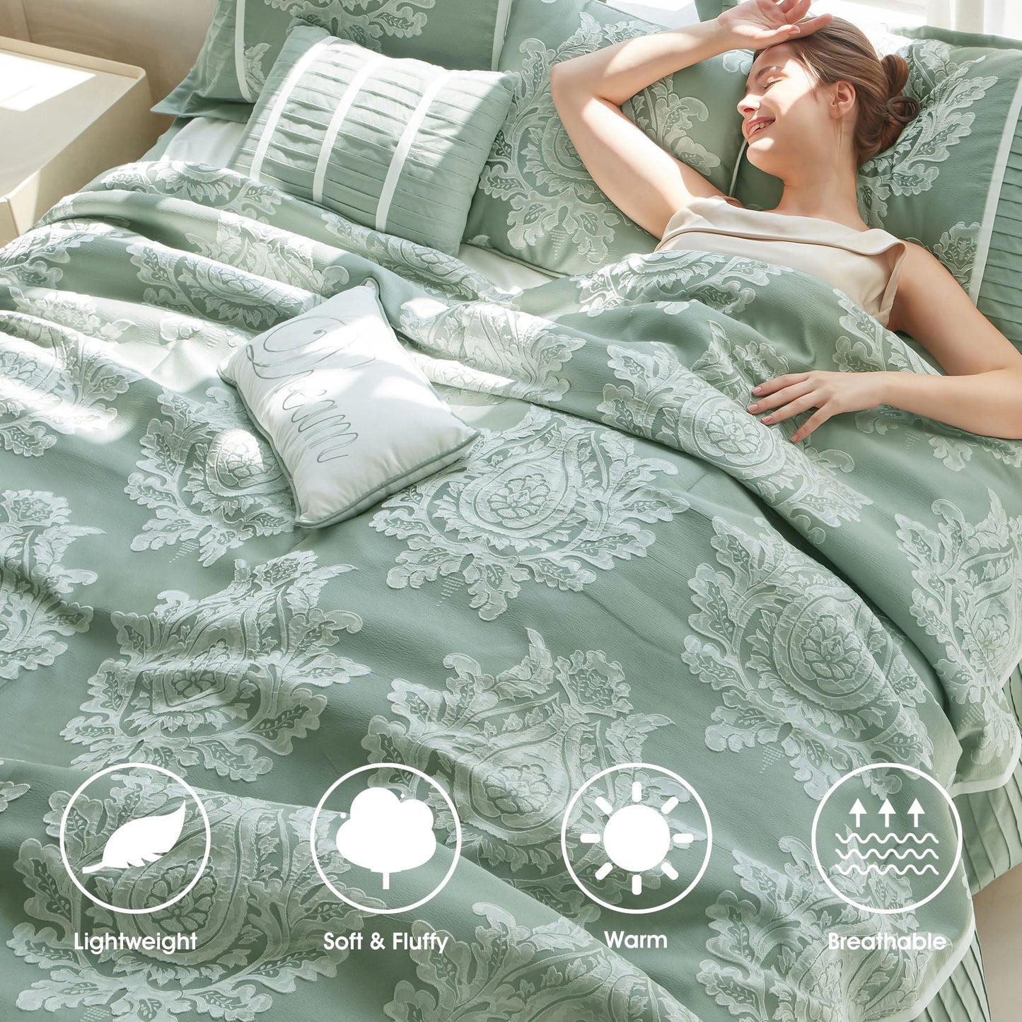 LANCO MODERN LIFESTYLE Sage Queen Comforter Set 7 Pieces, Jacquard Woven with Damask, Bedding Set in a Bag Includes Comforter, Bed Skirt, Pillow Shams, and Decorative Pillows