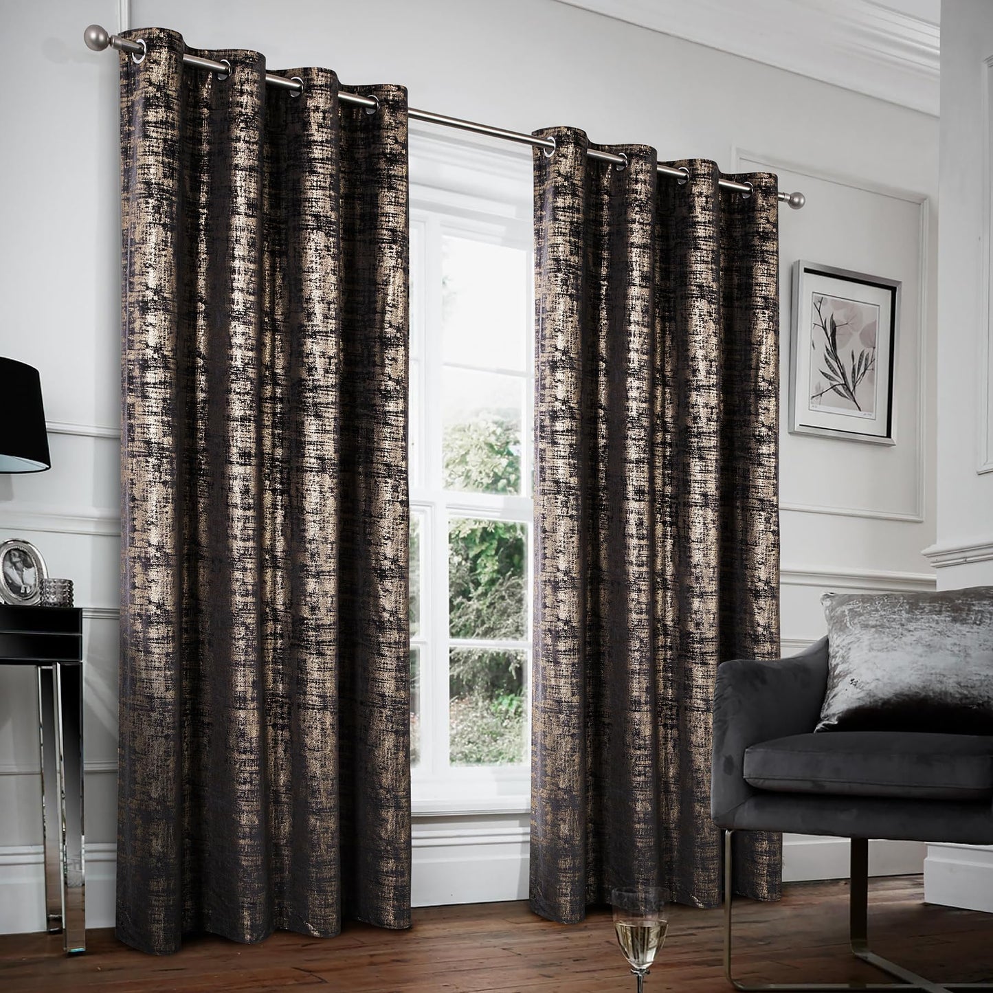 always4u Black Gold Soft Velvet Curtains 84 Inch Length Luxury Bedroom Curtains Gold Foil Print Window Treatments for Living Room Bedroom Set of 2