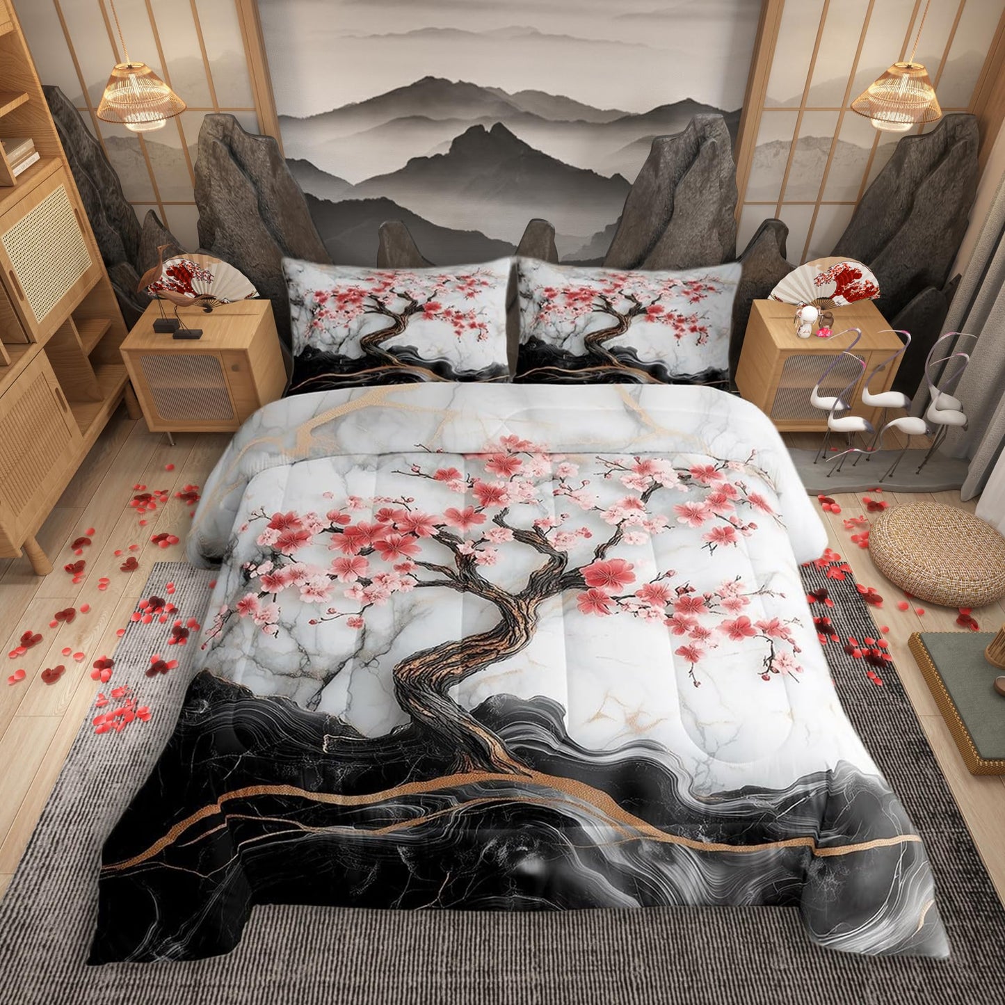 Manfei Cherry Blossom Comforter Set Queen Size,Artistic Black White Marble Texture Paint Bedding Set for Teens Adults,Japanese Style Pink Red Flowers Romantic Comforter,3 Pcs 2 Pillowcases