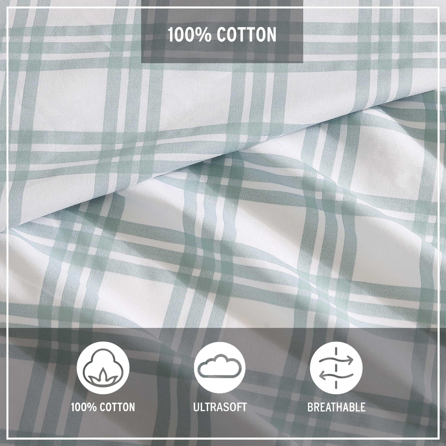 Eddie Bauer - Twin Sheets, Cotton Percale Bedding Set, Crisp & Cool Home Decor (Light Green Plaid, Twin)