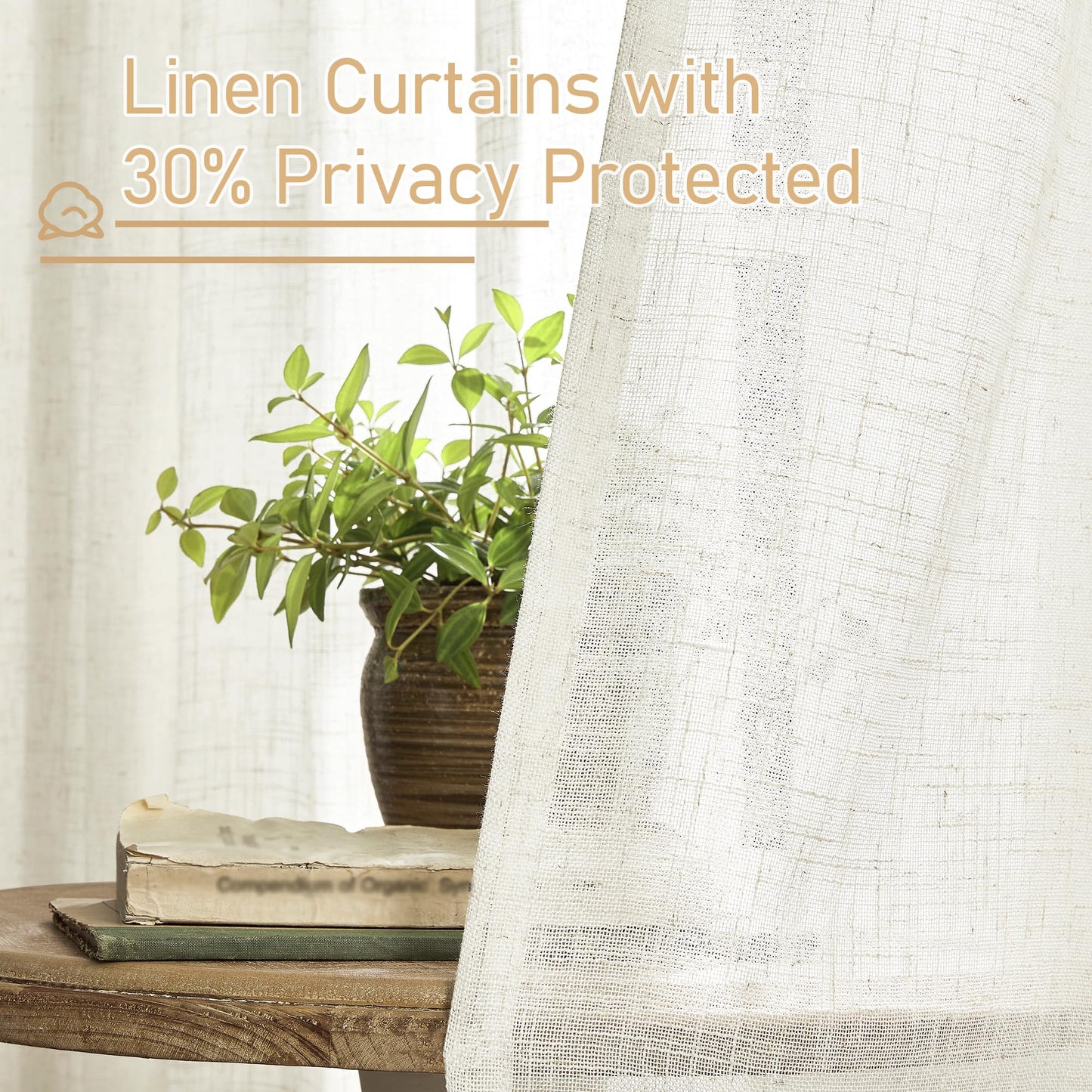 LAMIT Linen Semi Sheer Curtains 63 Inch Length 2 Panels, Light Filtering Neutral Window Bedroom Curtains Farmhouse Boho Bronze Grommet Drapes for Living Room/Dining Room, Cream, 34 x 63 Inch