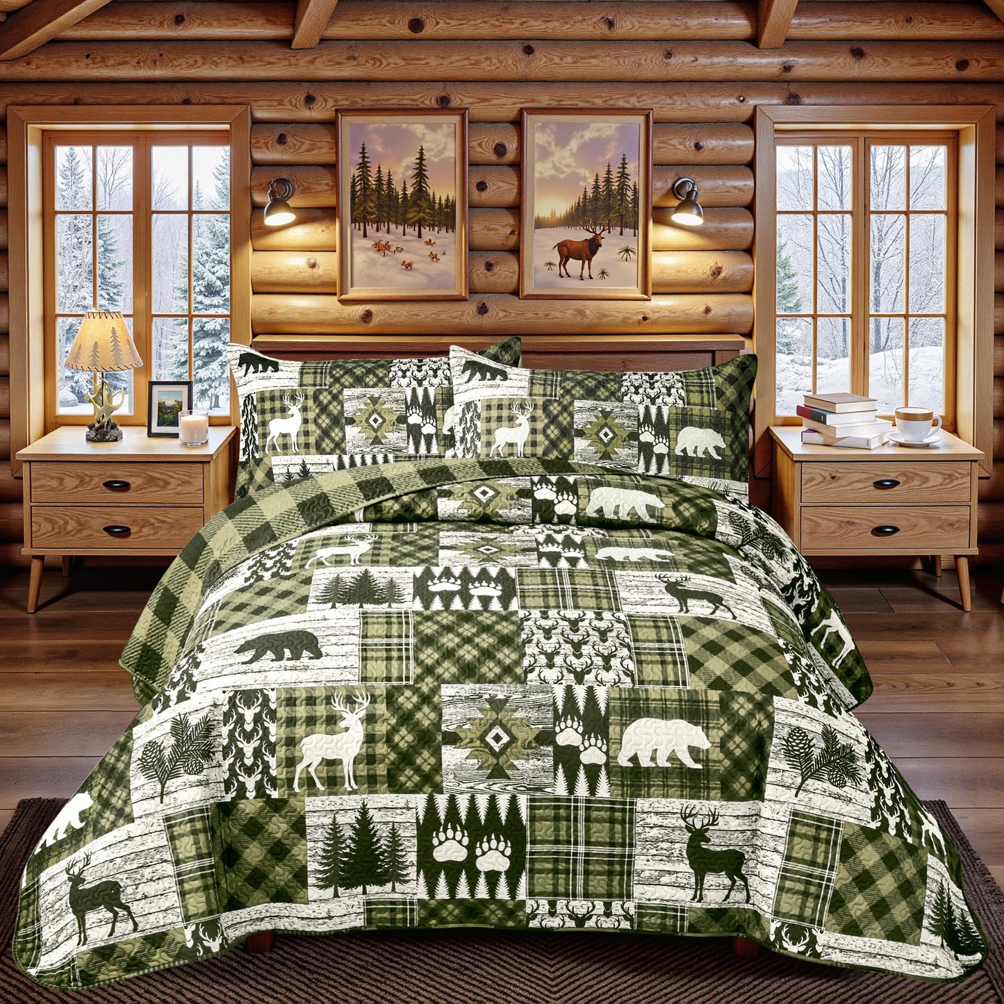 3 Piece Cabin Full/Queen Quilt Sets Farmhouse Rustic Reversible Microfiber Soft Lightweight Bedspread Comforter with 2 Shams Patchwork Country Lodge Bedding Quilts Set for All Season, 90''x96'', Green