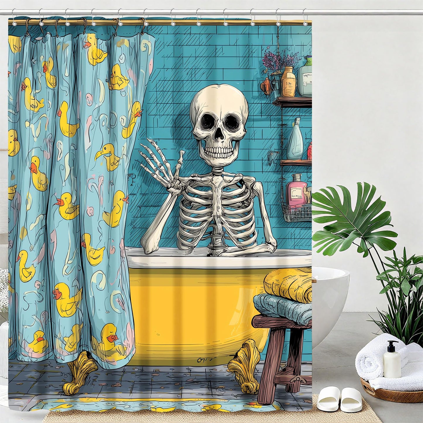 mutakin Funny Gothic Skull Shower Curtain Spooky Skull in Bathtub Shower Curtains for Bathroom Waterproof Fabric Bath Curtain Decor with Hooks