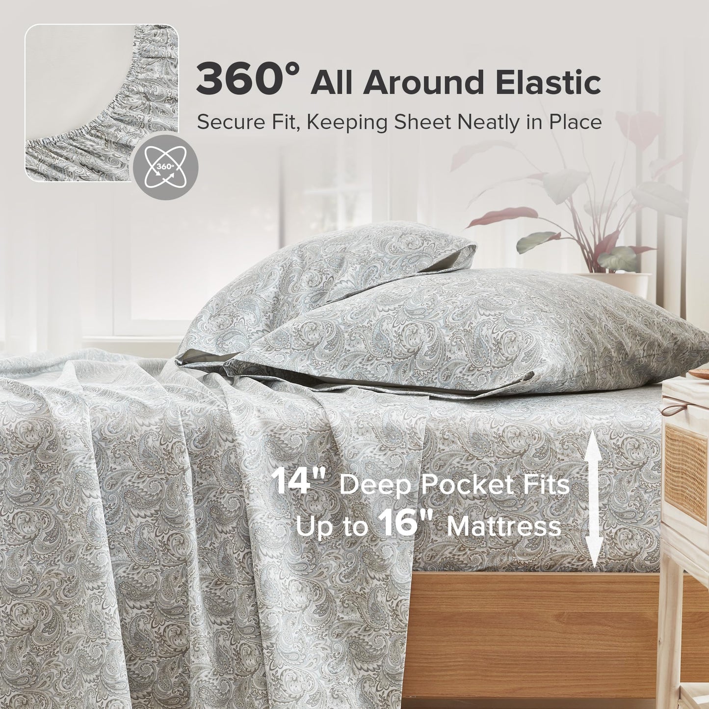 Comfort Spaces 100% Cotton Sheet Set Breathable, Lightweight, Soft with 14" Elastic Pocket Fits up to 16" Mattress, All Season Cozy Bedding, Matching Pillow Case, Cal King Paisley Multi 4 Piece