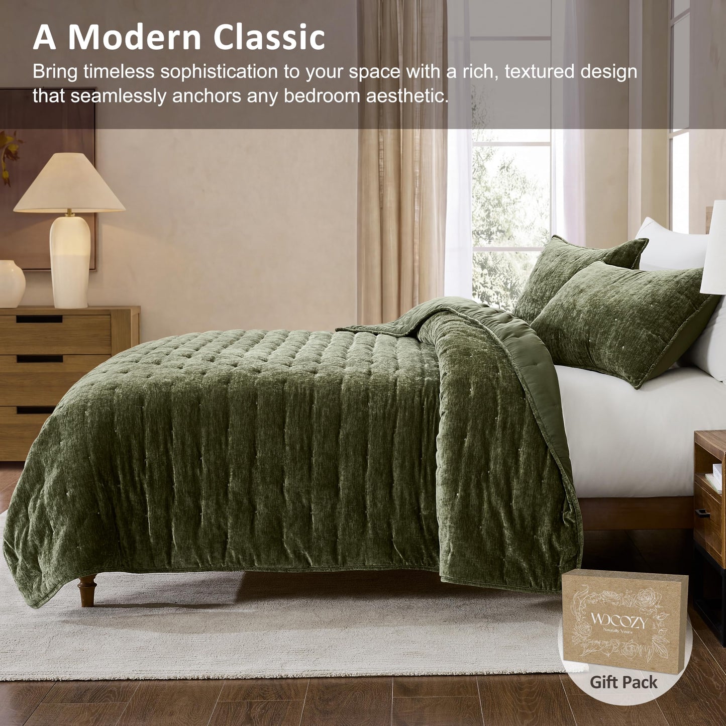 WDCOZY Chenille Velvet Queen Size Quilt Set - Olive Green Cloud Soft Lightweight Bedspread, Deep Forest Green Farmhouse Country Rustic Coverlet, Modern Bedding Warm Thin Comforter, 3 Pieces