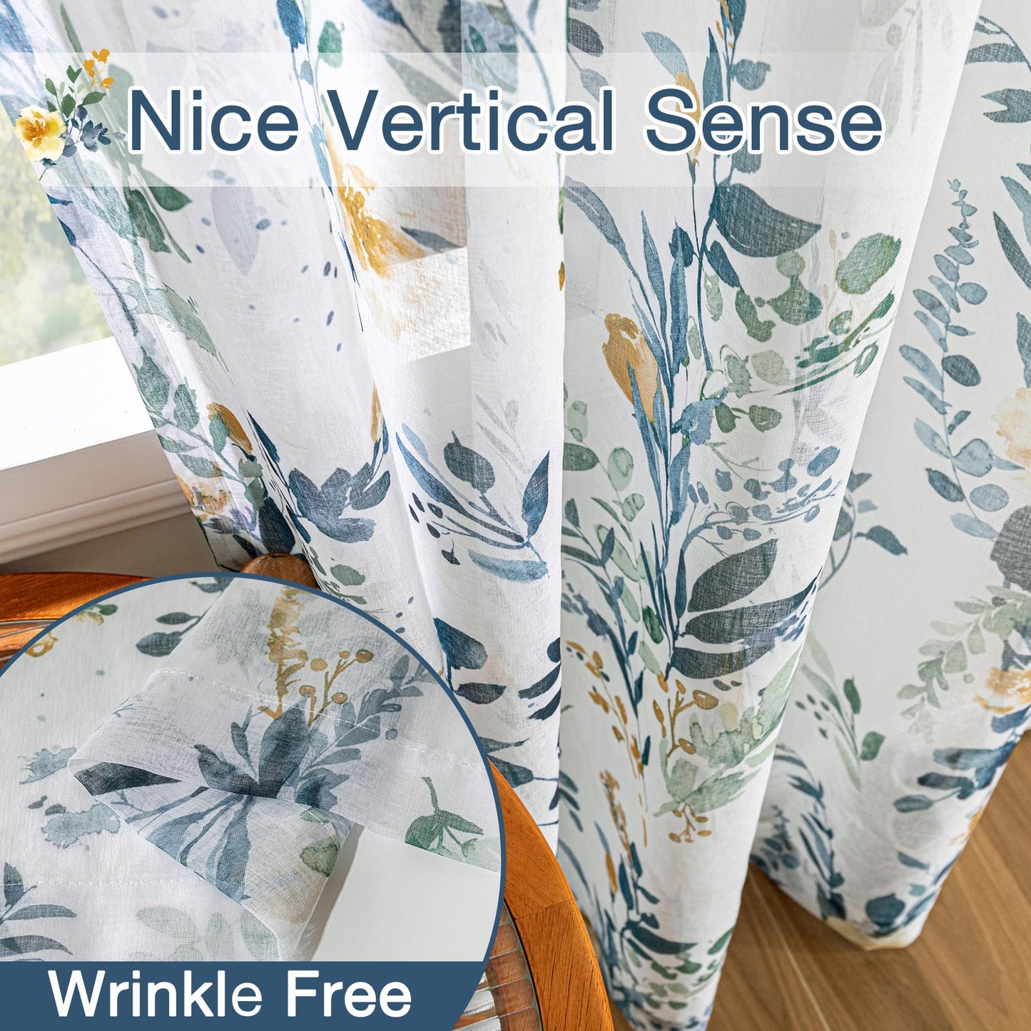MYSKY HOME Sheer Floral Curtains 84 inches Long 2 Panels Set for Living Room Leaf Printed Summer Curtains for Bedroom Rod Pocket Window Drapes, Yellow and Blue, 52 x 84 inch