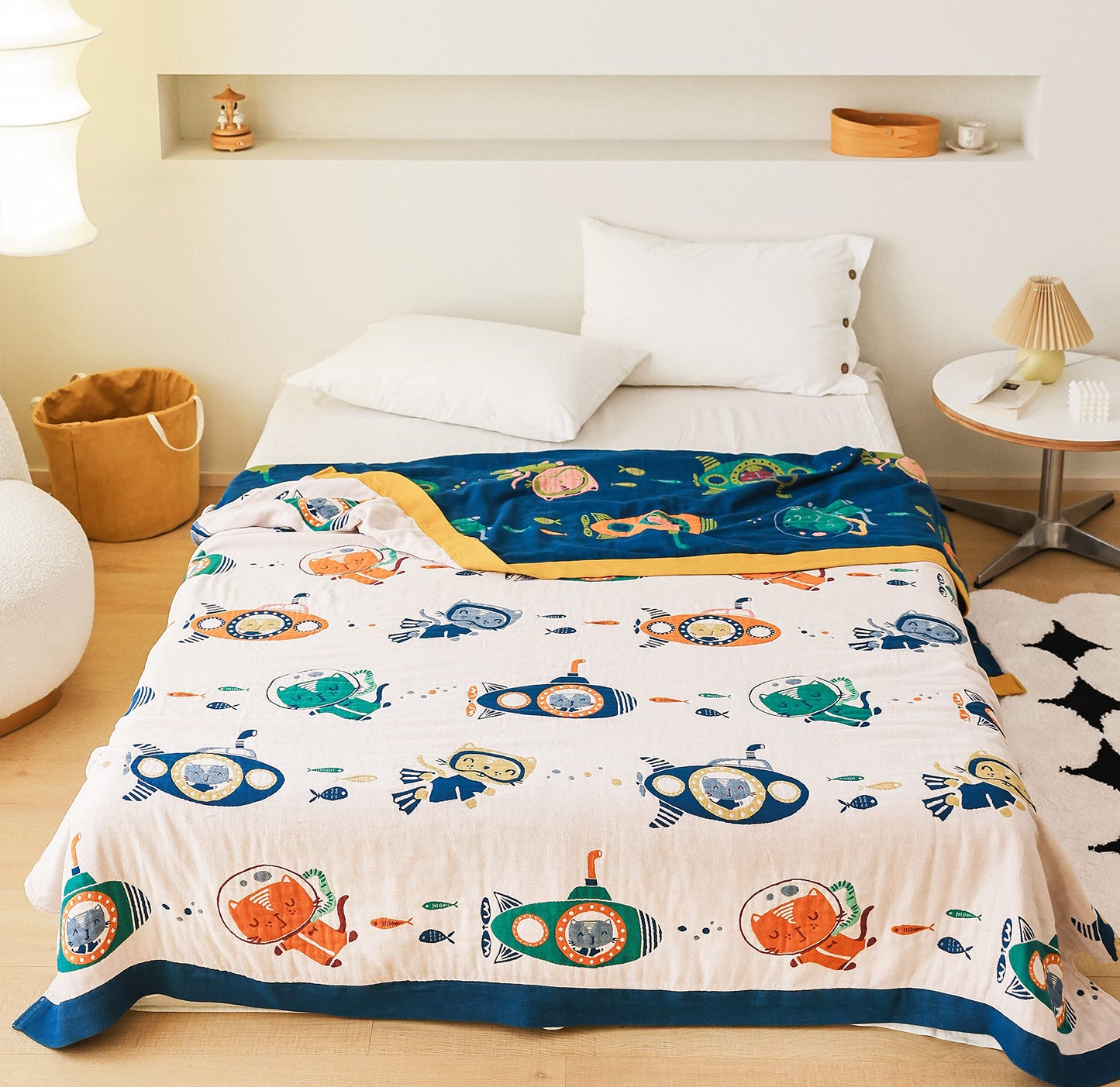 Scientific Sleep Underwater Scuba Cat Kitty Diver Submarine Fish Sea 100% Cotton Muslin Blanket Throw Cover for Bed Couch Sofa Cozy Soft Reversible Bedspread Coverlet Full Queen F/Q 80 in x 90 in