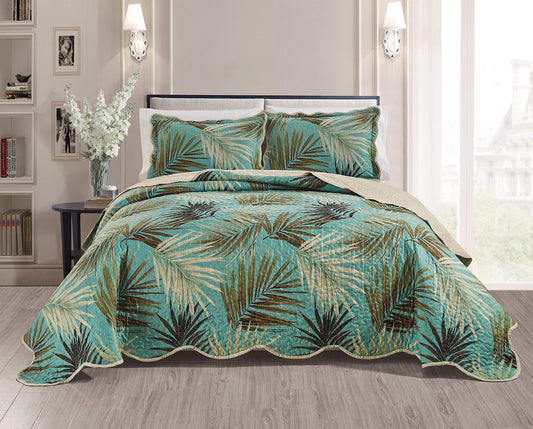 Masterplay 3-Piece Fine Printed Tropical Palm Leaves Oversize (118" X 95") Quilt Set, Bedspread Coverlet (Caifornia) Cal King Size Bed Cover (Sage, Aqua, Brown, Khaki)