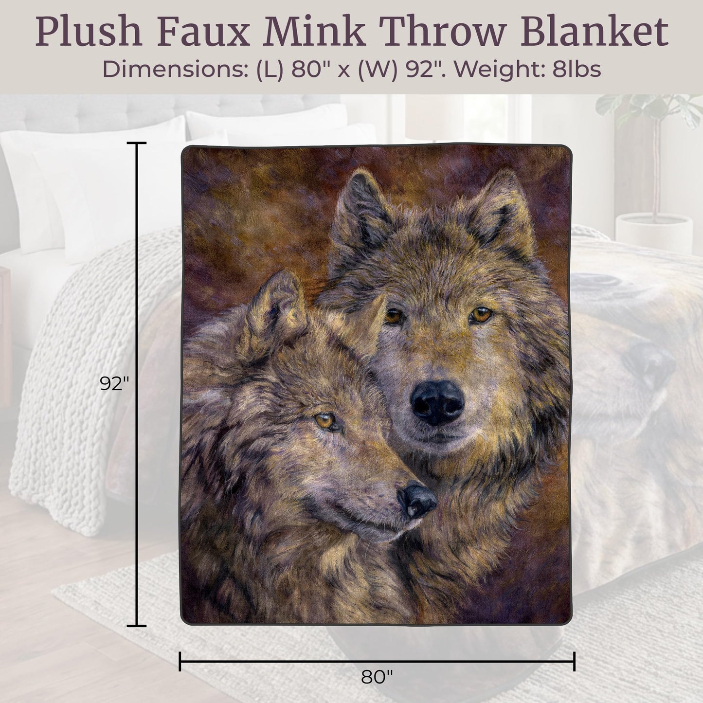 Home Bedford Wolf Blanket – 80x92-inch Printed Pair of Wolves Blanket - Plush Thick 8lb Faux Mink Queen Throw for Couch, Sofa, or Bed