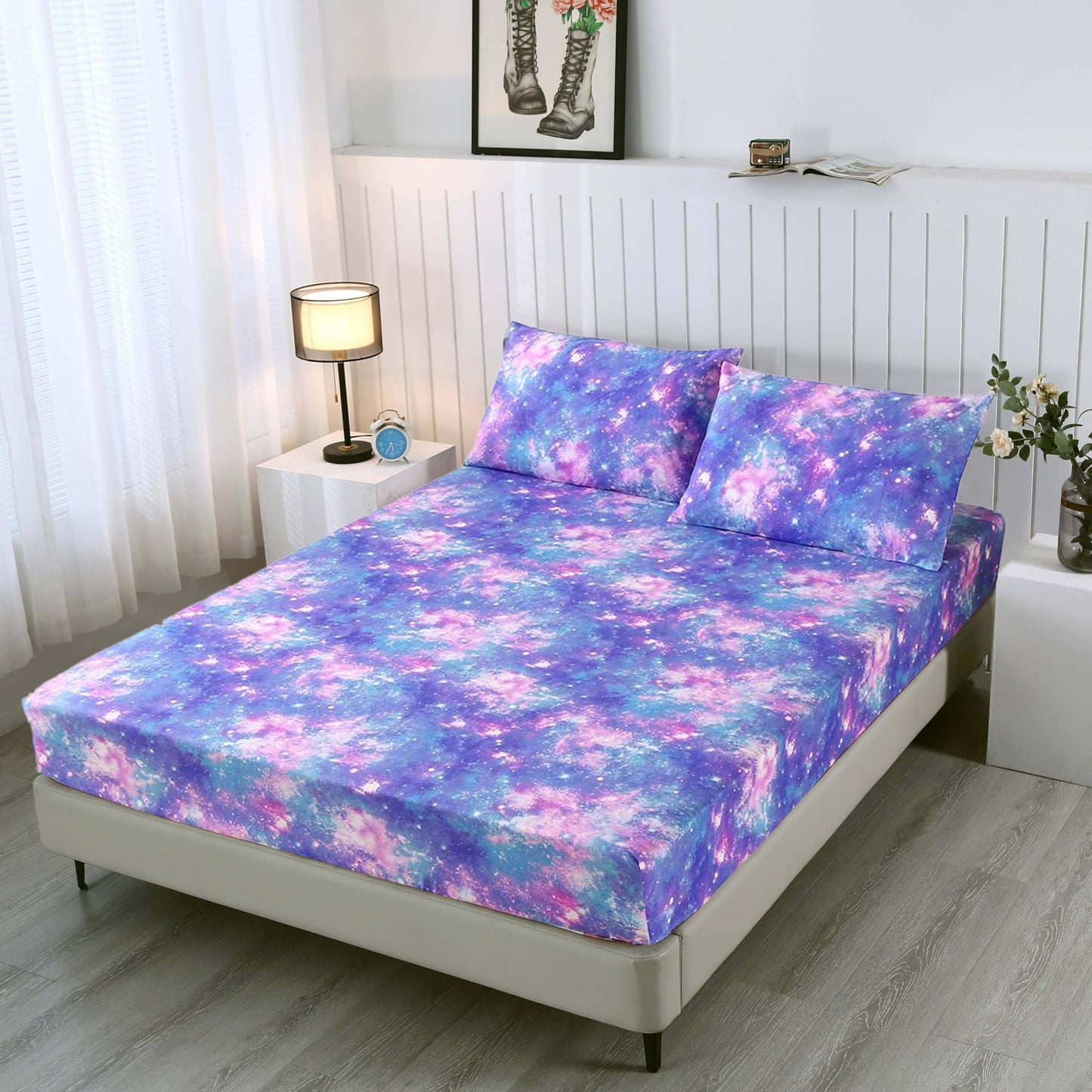 SDIII Colorful Galaxy Full Fitted Sheet with 2 Pillowcases, Deep Pocket Soft Microfiber Space Bed Sheet Full for Girls Boys Kids and Teens