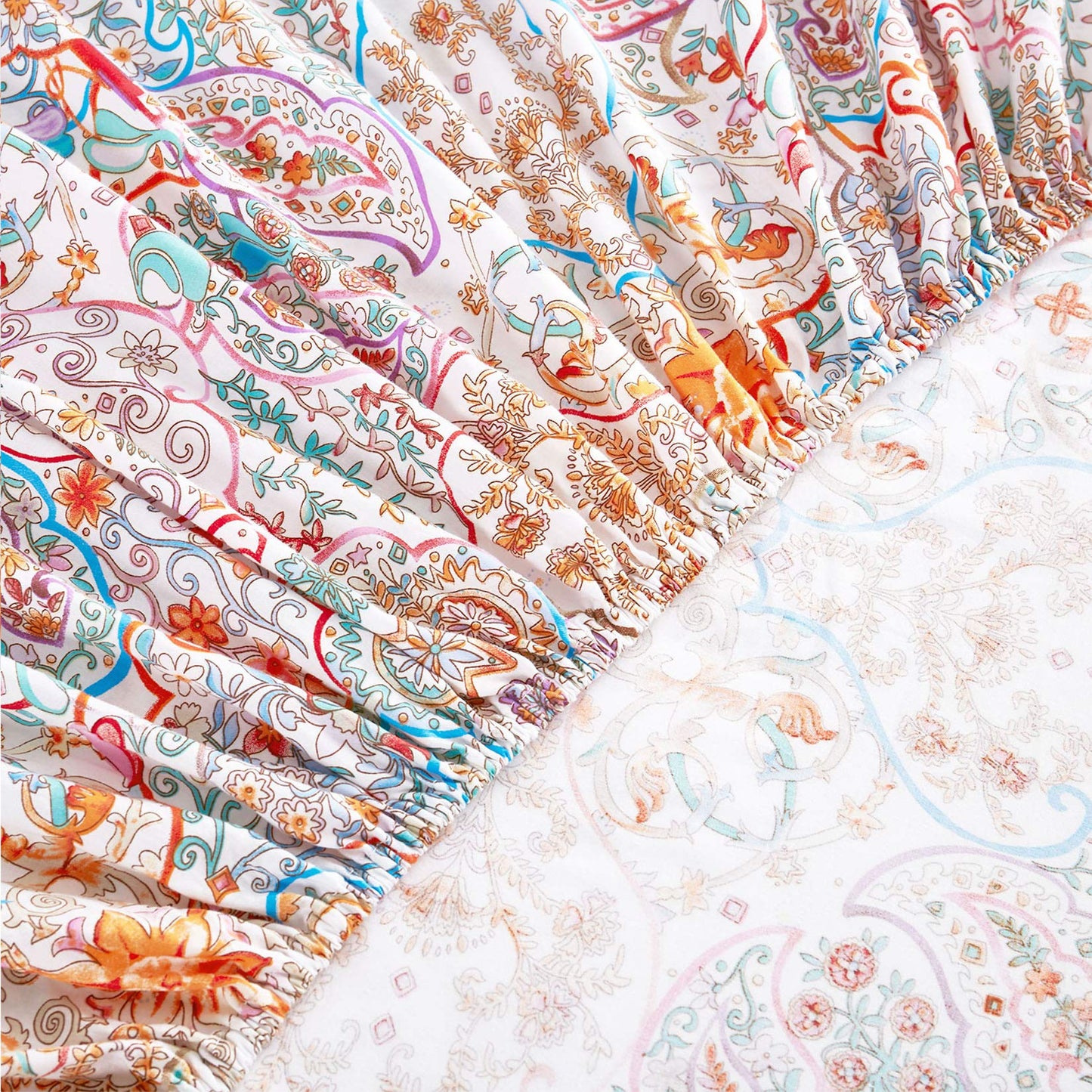 Wake In Cloud - Boho Bed Sheets, 100% Cotton, 4-Piece Sheet Set, Bohemian Hippie Chic Paisley Patterned Aesthetic Bedding, Deep Pocket, Turquoise Orange, Queen Size