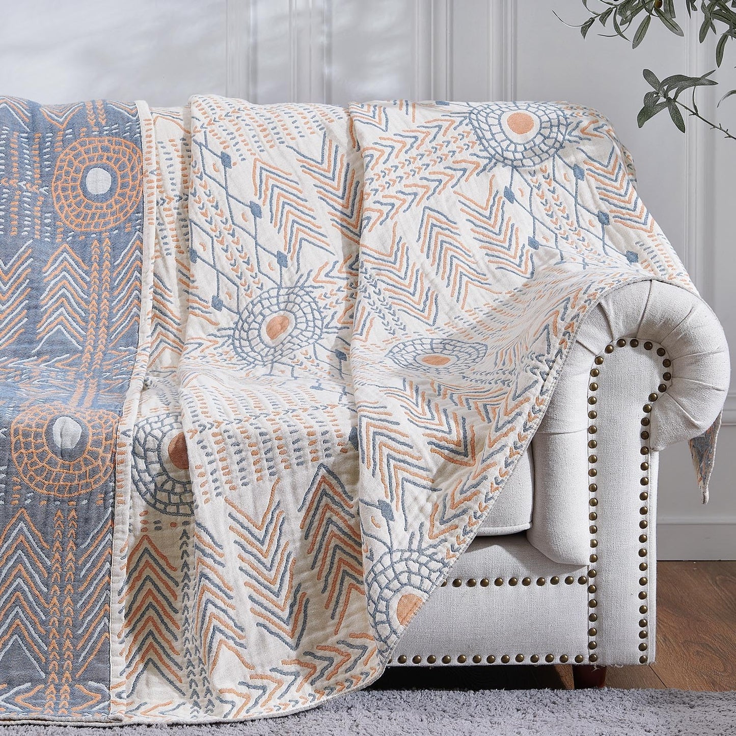 jinchan Boho 100% Cotton Muslin Twin Size 60x80 Throw Blanket Lightweight 4-Layer Orange Reversible Blanket Washable Breathable Geometric Striped Pattern Soft Comfy for Couch Bed Decor All Seasons