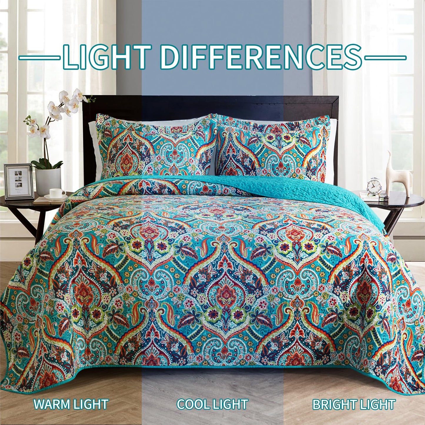 BEDIFANY Cotton Queen Quilt Set - Lightweight Queen Size Quilts Bedding Set for a Comfortable Sleep - Reversible Bedspread Coverlet (90 * 98 in) with Boho Pattern, 3 Pieces