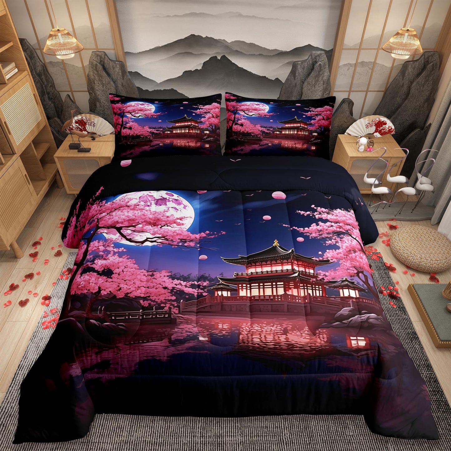 Pink Cherry Blossoms Comforter Set Full Size,Japanese Style Building View Bedding Set for Kids Girls Women Men Bedroom Decor,Night Moon Quilt Set Romantic Exotic Duvet Insert,2 Pillowcases