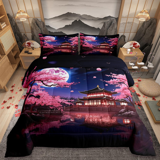 Pink Cherry Blossoms Comforter Set Queen Size,Japanese Style Building View Bedding Set for Kids Girls Women Men Bedroom Decor,Night Moon Quilt Set Romantic Exotic Duvet Insert,2 Pillowcases