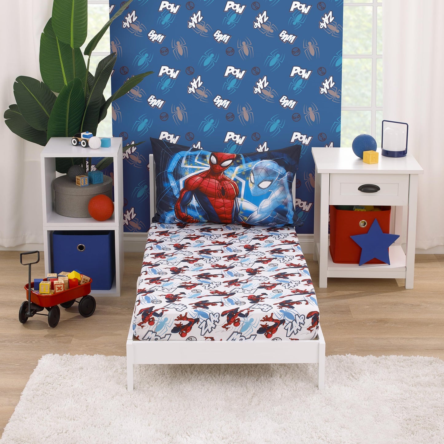 NoJo Marvel Spider-Man to The Rescue Red, White, and Blue 2 Piece Toddler Sheet Set - Fitted Crib Sheet, and Reversible Pillowcase