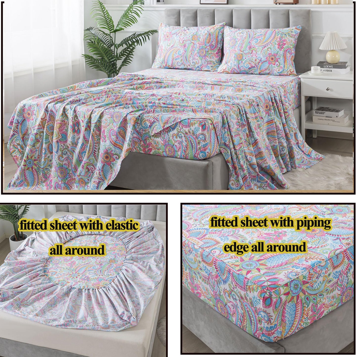 FADFAY Paisley Sheets Set Full Bohemian Damask Paisley Bedding Luxurious Boho Pink Paisley Bed Sheet Set Breathable Cotton Ultra Soft 17.5'' Deep Pocket Fitted Sheet 4Pcs, Full Size