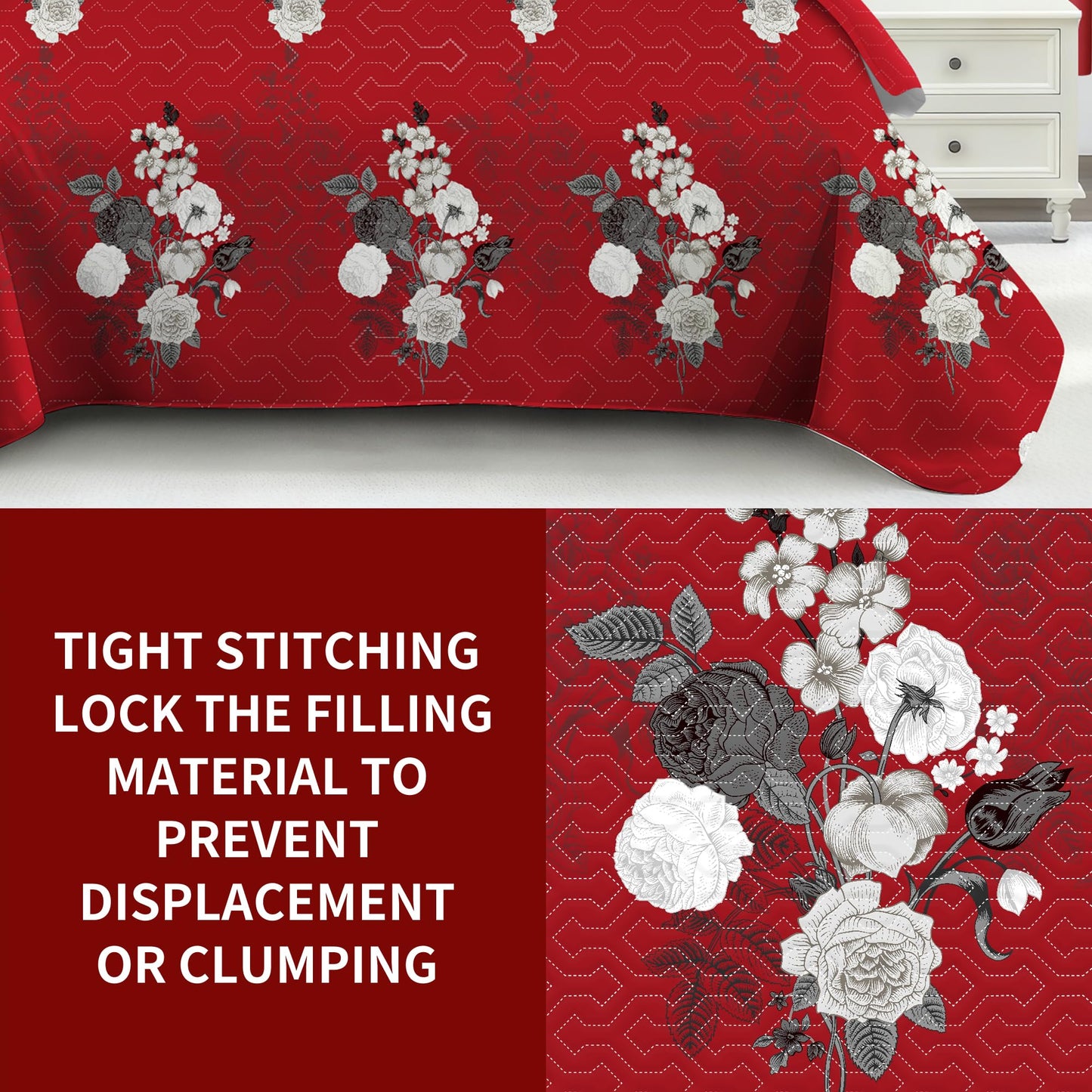 Deepsleep Queen Bedspread Set 9 Pieces, All Season Luxury Bed in a Bag for Bedroom, with 2 Pillowcases and 6 Curtains, Ultra-Soft Microfiber for Complete Bedroom Decor, Red and White Floral