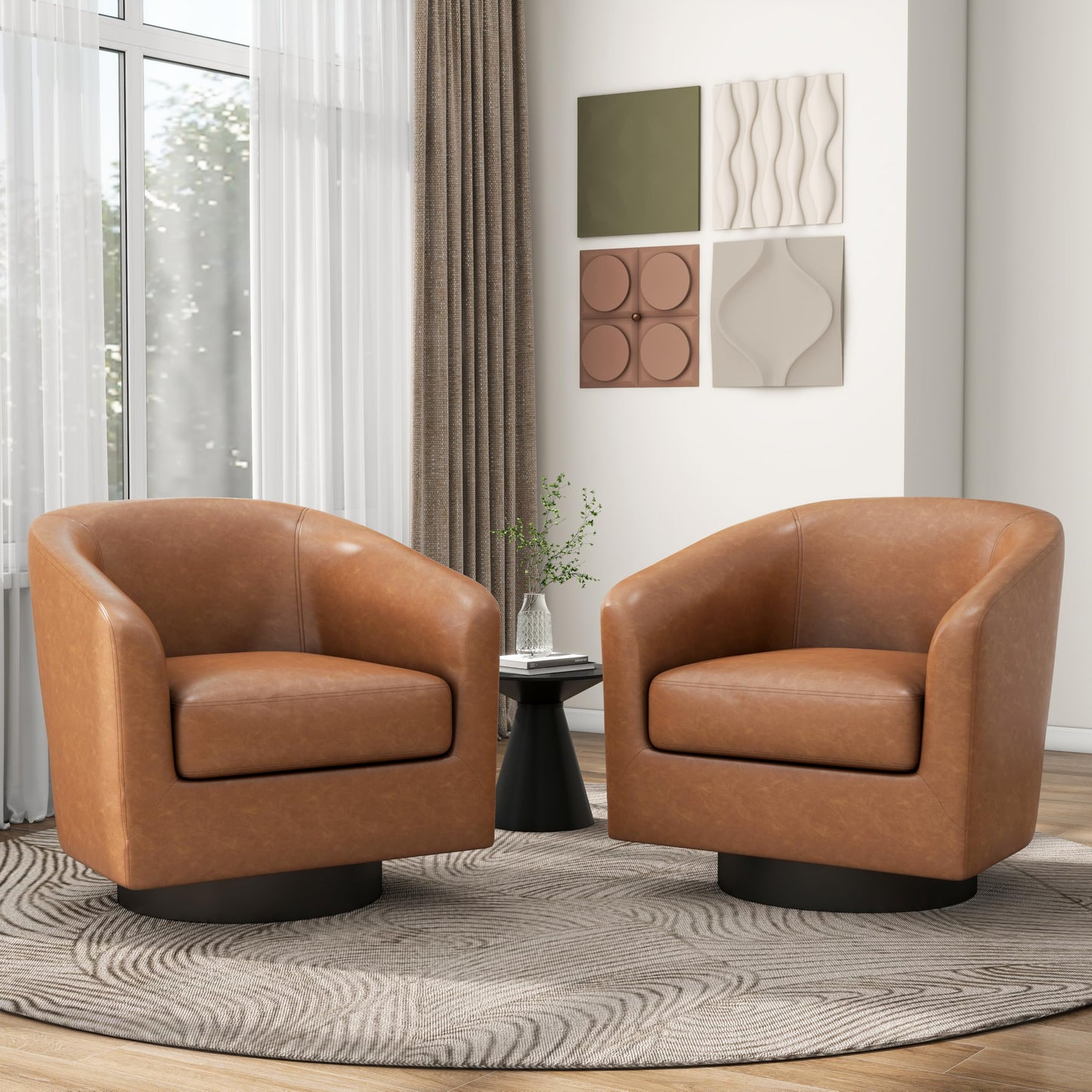 Pia Ricco Swivel Accent Chairs Set of 2, Faux Leather 360° Swivel Round Barrel Chair, Comfy Upholstered Fabric Single Sofa Club Armchair for Living Room/Reading Room, Brown