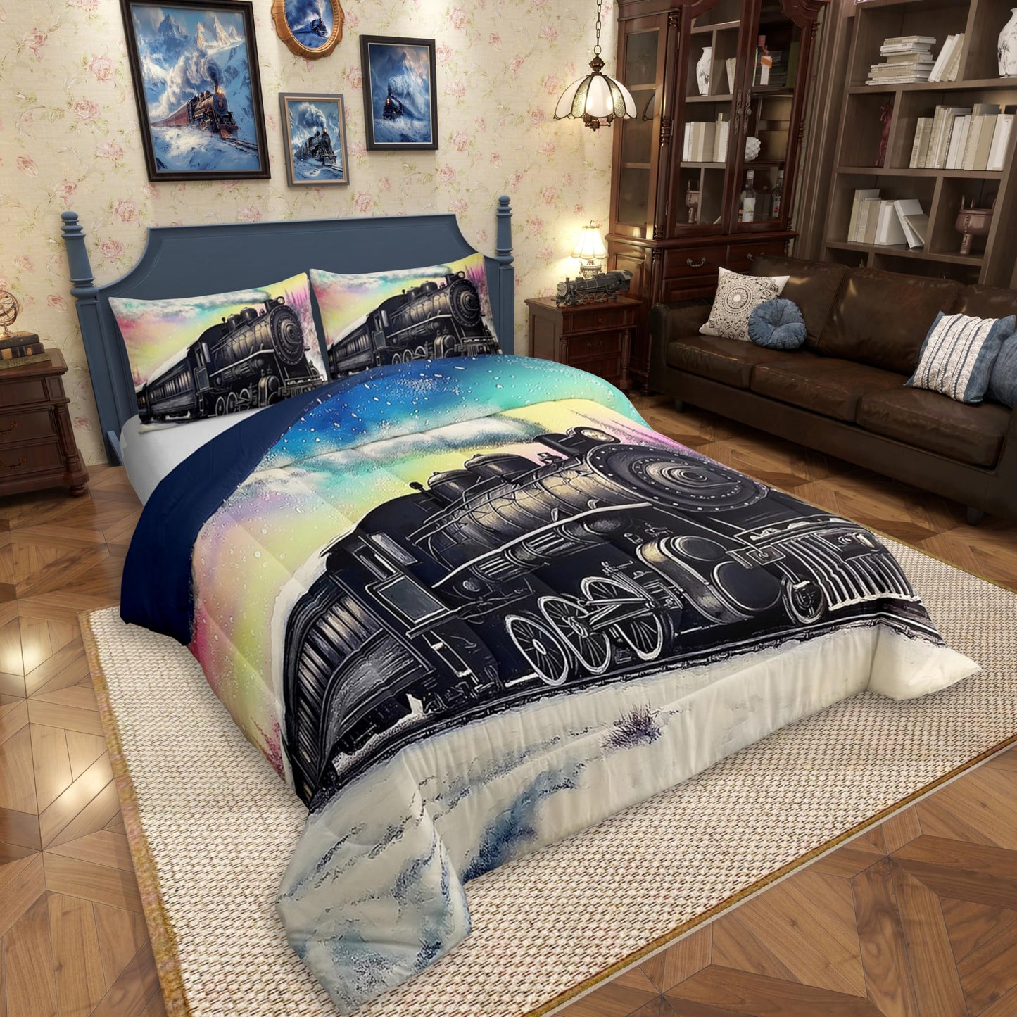 Erosebridal Aurora Train Twin Bedding Set,Railroad Steam Train Comforter Set for Kids Boys Girls,Transportation Vehicle Bed Comforter Sets Winter Snow Scene Quilt Bed Set 2Pcs Room Decor