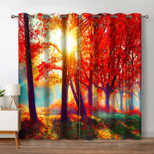 Jekeno Fall Tree Forest Blackout Curtains Jungle Autumn Tree Orange Leaves Sunlight Print Fall Nature Scenery Decor Home Bedroom Living Room Grommet Window Drapes 2 Panel Set, 52"x84"