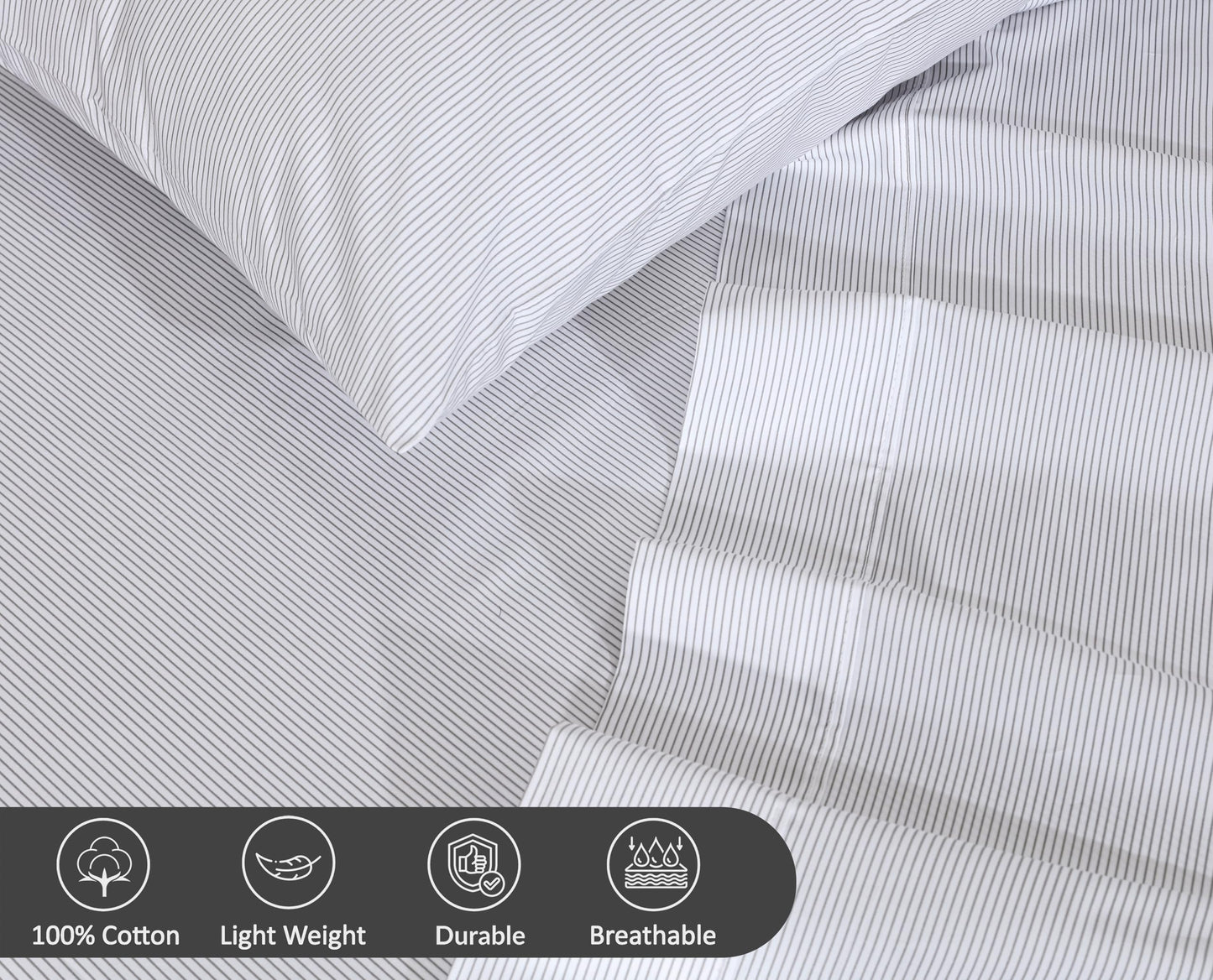 RUVANTI 100% Cotton Percale Sheets Full Size – Crisp Cooling Bed Sheets for Hot Sleepers, Deep Pocket 16”, Soft Breathable & Durable Hotel-Style 4 Piece Set, Grey Pinn Stripe