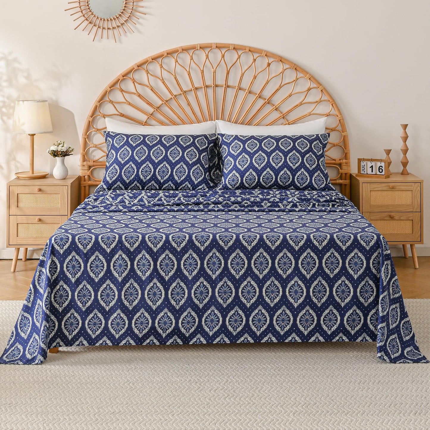 Yibeizi Navy Blue Patterned King Sheet Set Boho Printed Bed Sheets Microfiber Bedding Sheets & Pillowcases Soft 15" Extra Deep Pocket Fitted Bedsheet 4 Piece