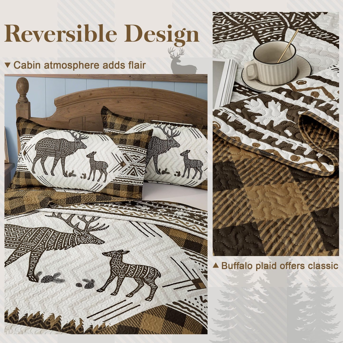 3 Piece Cabin Full/Queen Quilt Sets Farmhouse Rustic Reversible Microfiber Soft Lightweight Bedspread Comforter with 2 Shams Patchwork Country Lodge Bedding Quilts Set for All Season, 90''x96'', Brown
