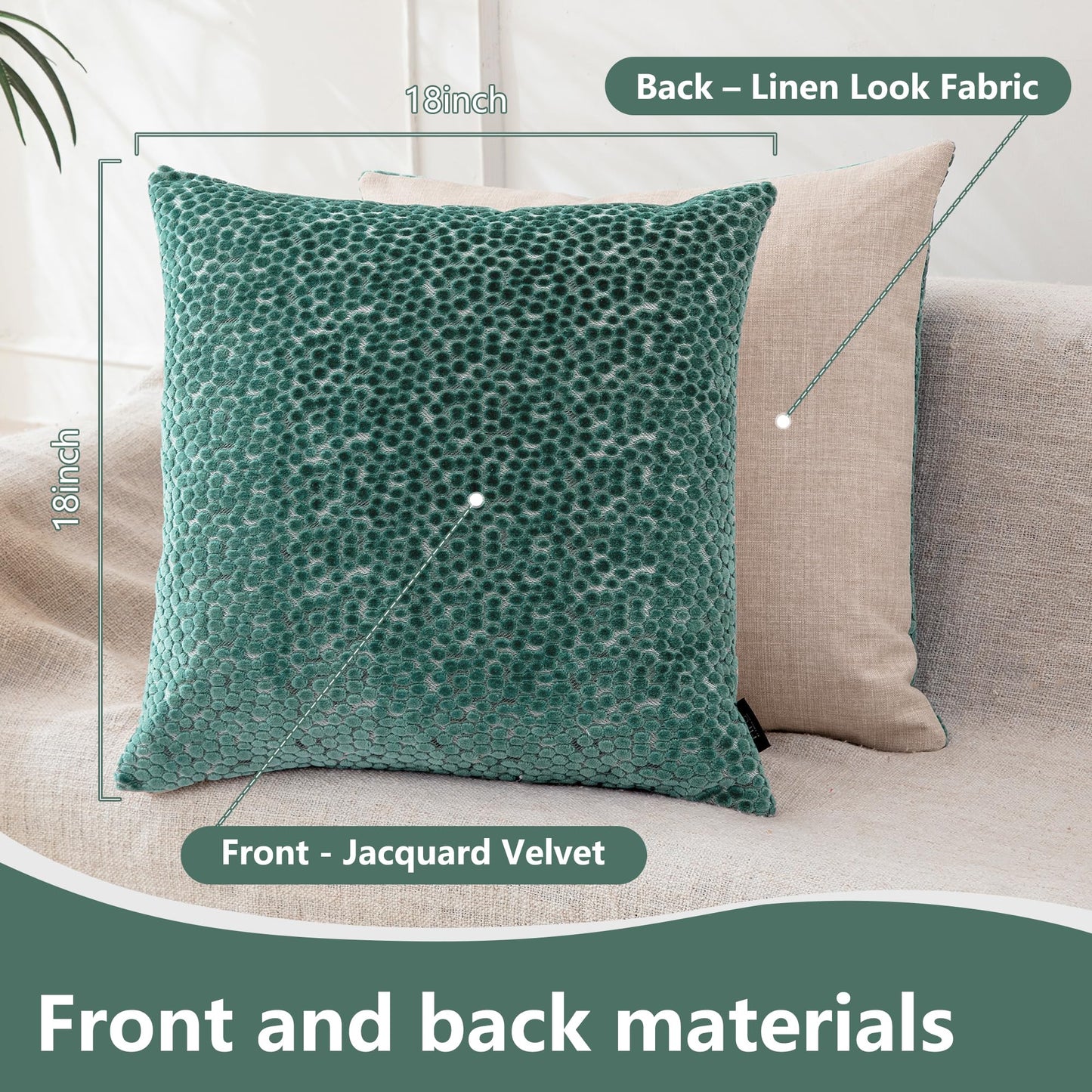 FIFU 18x18 Inch Throw Pillow Cover Set of 2 - Jacquard Velvet Cut-Pile with Linen-Look Back, Invisible Zipper, Soft Decorative Cushion Case for Couch Sofa Bedroom Living Room, Machine Washable, Teal