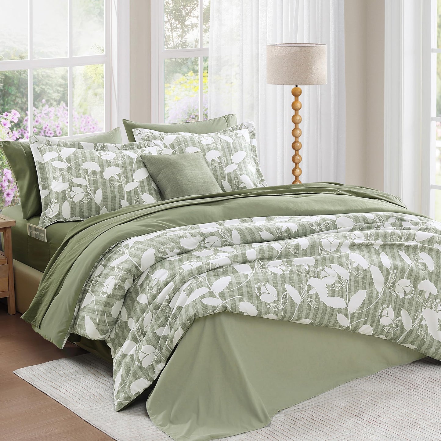 BLOOMHAVEN Queen Comforter Set -7 Pieces Sage Green Floral Comforter Set for All Seasons, Bed in a Bag Queen with Botanical Flowers Comforter, Sheets, Pillowcases & Shams