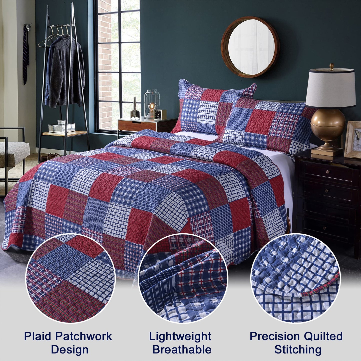 Jessy Home Plaid Quilt Set King Bedspread Coverlet Set Red Blue White Patchwork King Size Quilt Set Bedding Soft Lightweight Quilts Coverlet Country Reversible Quilt Bed Spread with 2 Pillow Shams